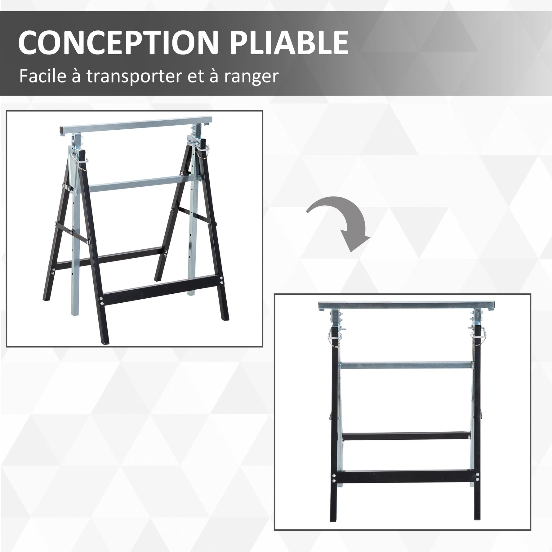 Lot de 2 tréteaux pliables télescopiques hauteur réglable 80-130 cm noir