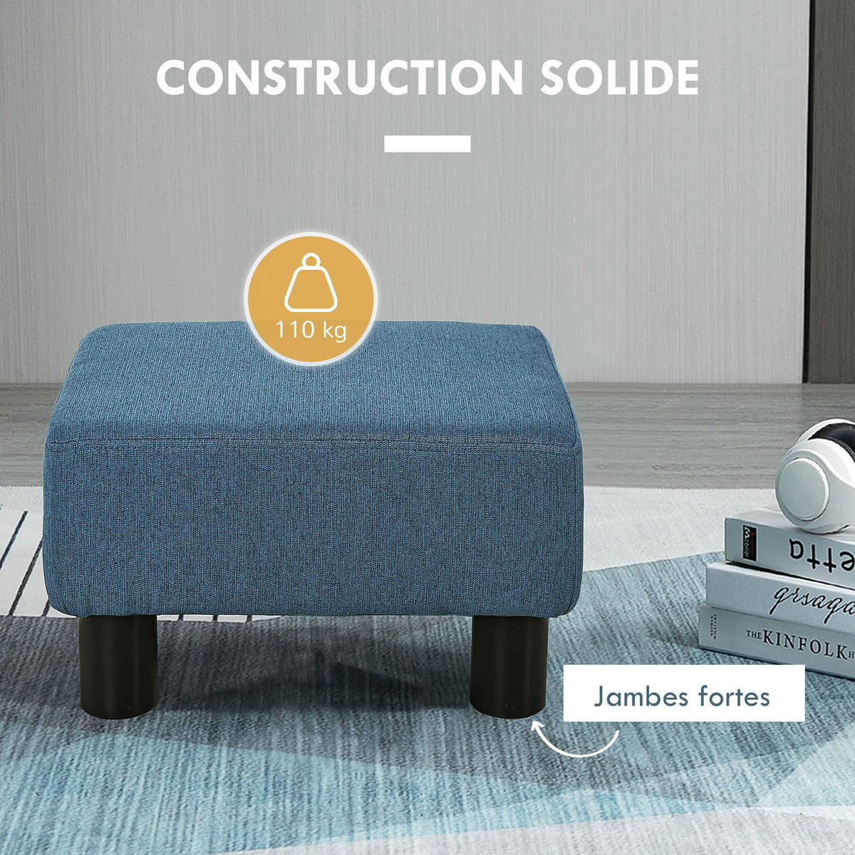 Pouf repose-pied tabouret bas en tissu de lin capacité de charge 110 Kg 40 x 30 x 24 cm bleu foncé