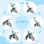 Tricycle 6 en 1 pour enfants, auvent, ceinture de sécurité 5 points, rangement, repose-pieds, frein, 1-5 ans, vert