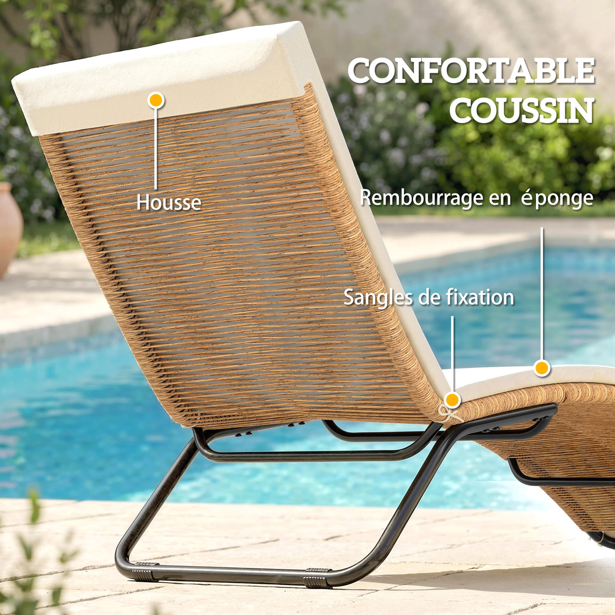 Bain de soleil en résine tressée transat de jardin design en S courbe naturelle structure robuste acier coussin crème