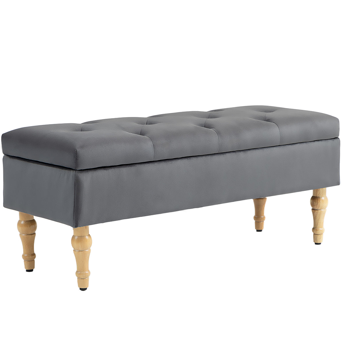 Banc coffre de rangement 2 en 1 banquette en velours avec couvercle à charnière capitonné et pieds en bois, gris foncé