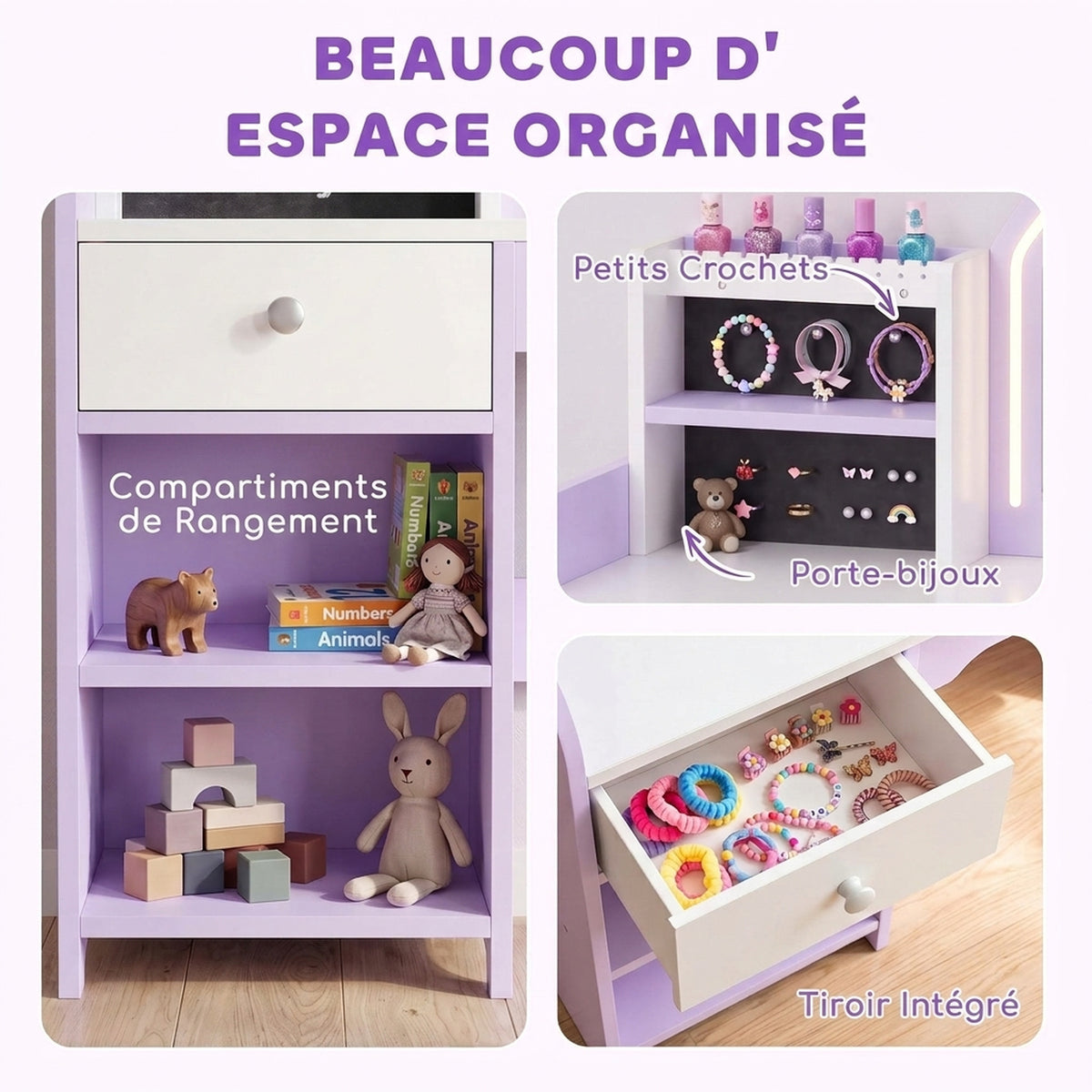 Coiffeuse pour Enfants avec Tabouret et Miroir en Acrylique à Éclairage Bicolore Coiffeuse Bureau Fille 3-8 Ans Violet