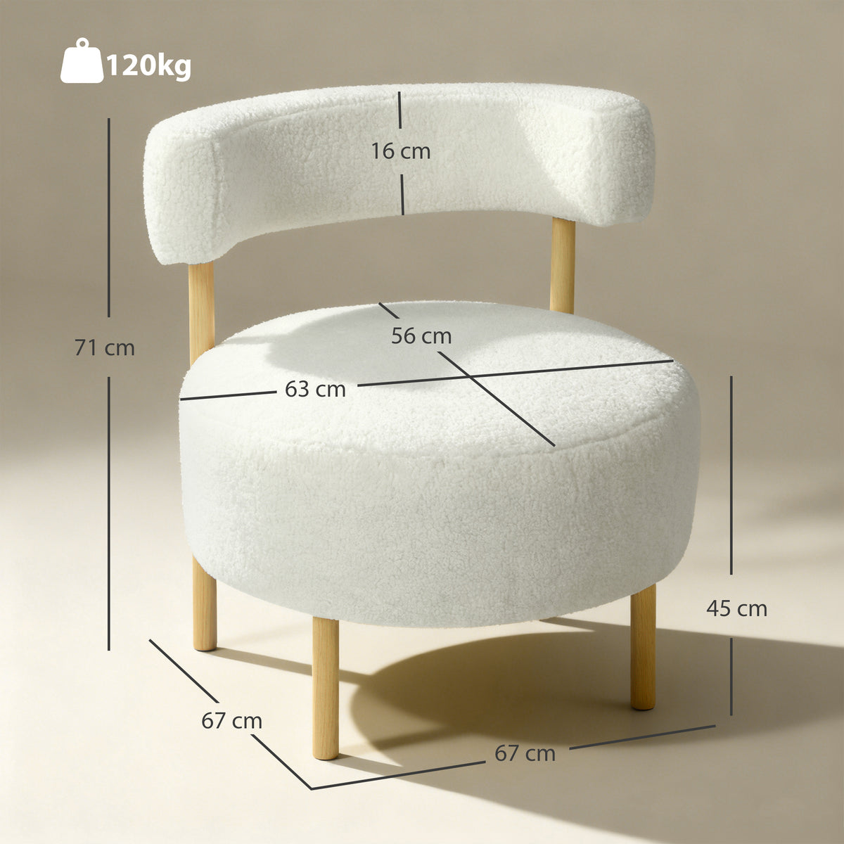Canapé 1 place en tissu bouclette, fauteuil de salon rembourré avec dossier incurvé, assise large, 67x67x71cm, crème