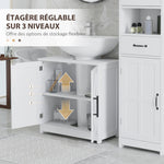 Meuble sous lavabo, meuble de salle de bain avec 2 portes magnétiques style grange et étagères, 60 x 30 x 60 cm, blanc