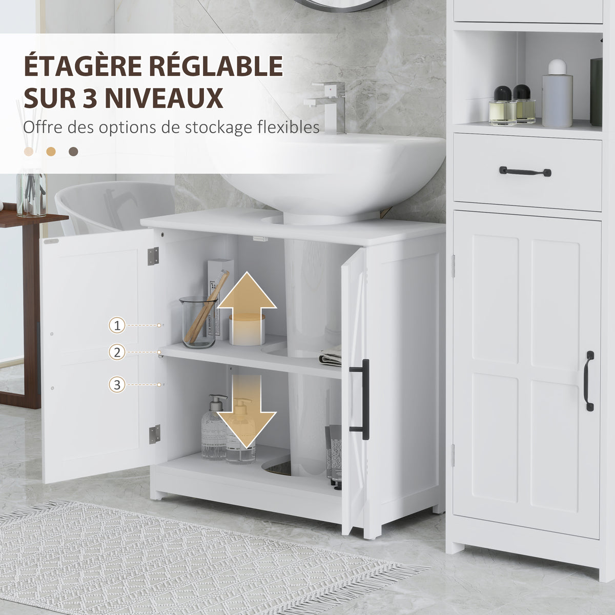 Meuble sous lavabo, meuble de salle de bain avec 2 portes magnétiques style grange et étagères, 60 x 30 x 60 cm, blanc