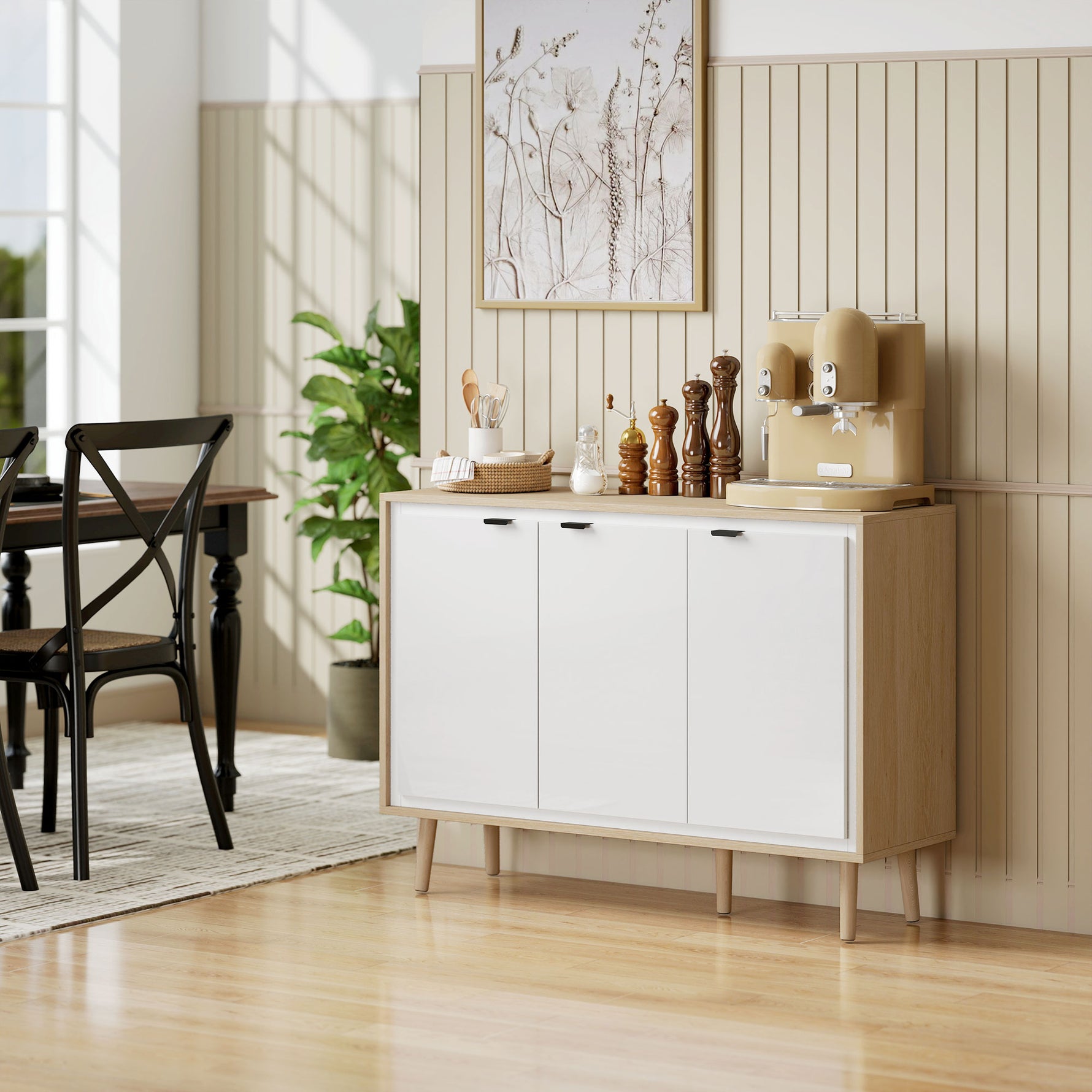Buffet à haute brillance, meuble de rangement avec 3 portes, étagères réglables, 107 x 35 x 77 cm, blanc et chêne