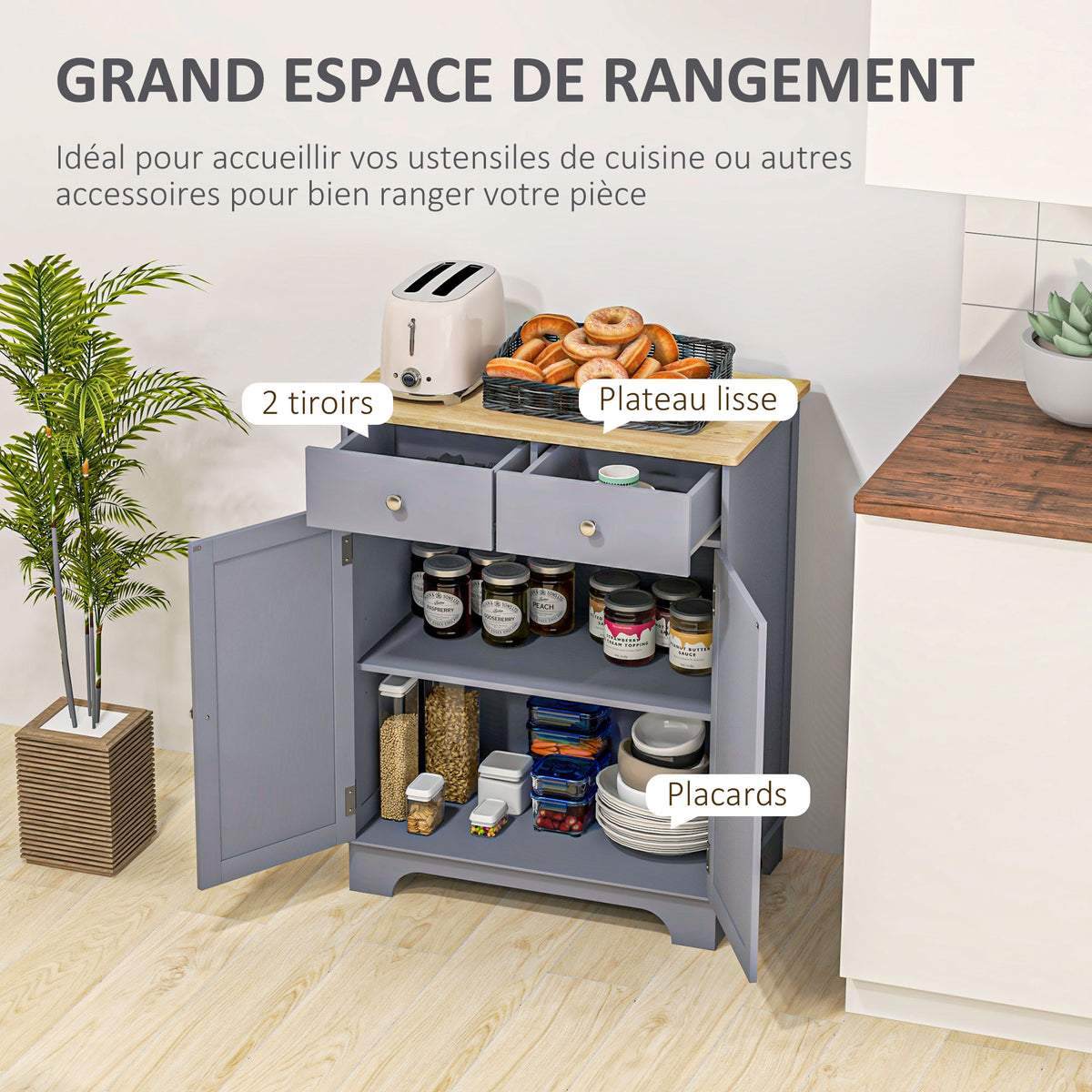 Opbergmeubel dressoir woonkamer met kasten, 2 lades en verstelbare planken, 68x40,3x85cm, grijs en naturel hout