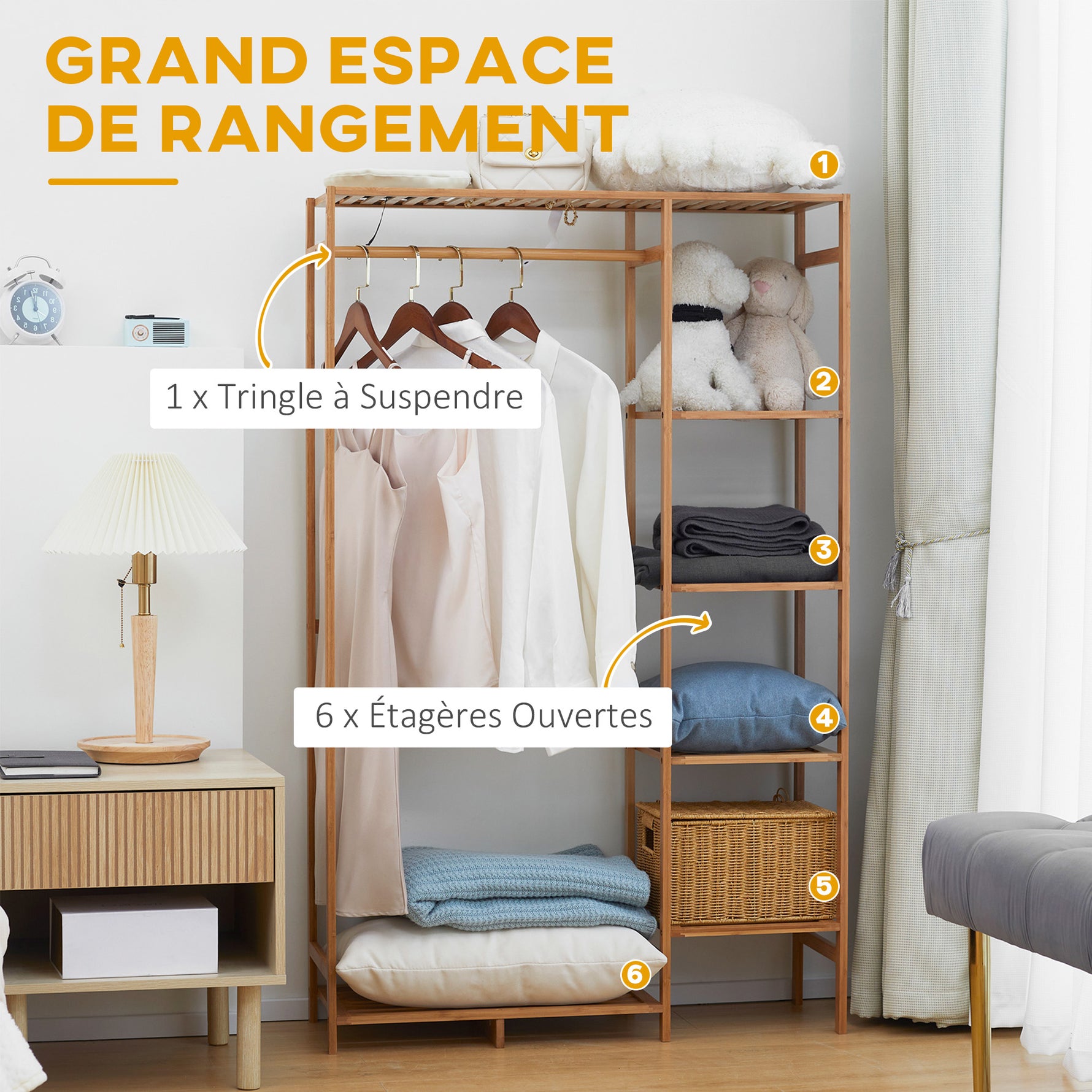 Portant à vêtements en bambou avec étagère de rangement à 6 niveaux et tringle de suspension, 90x30x145cm, bois naturel