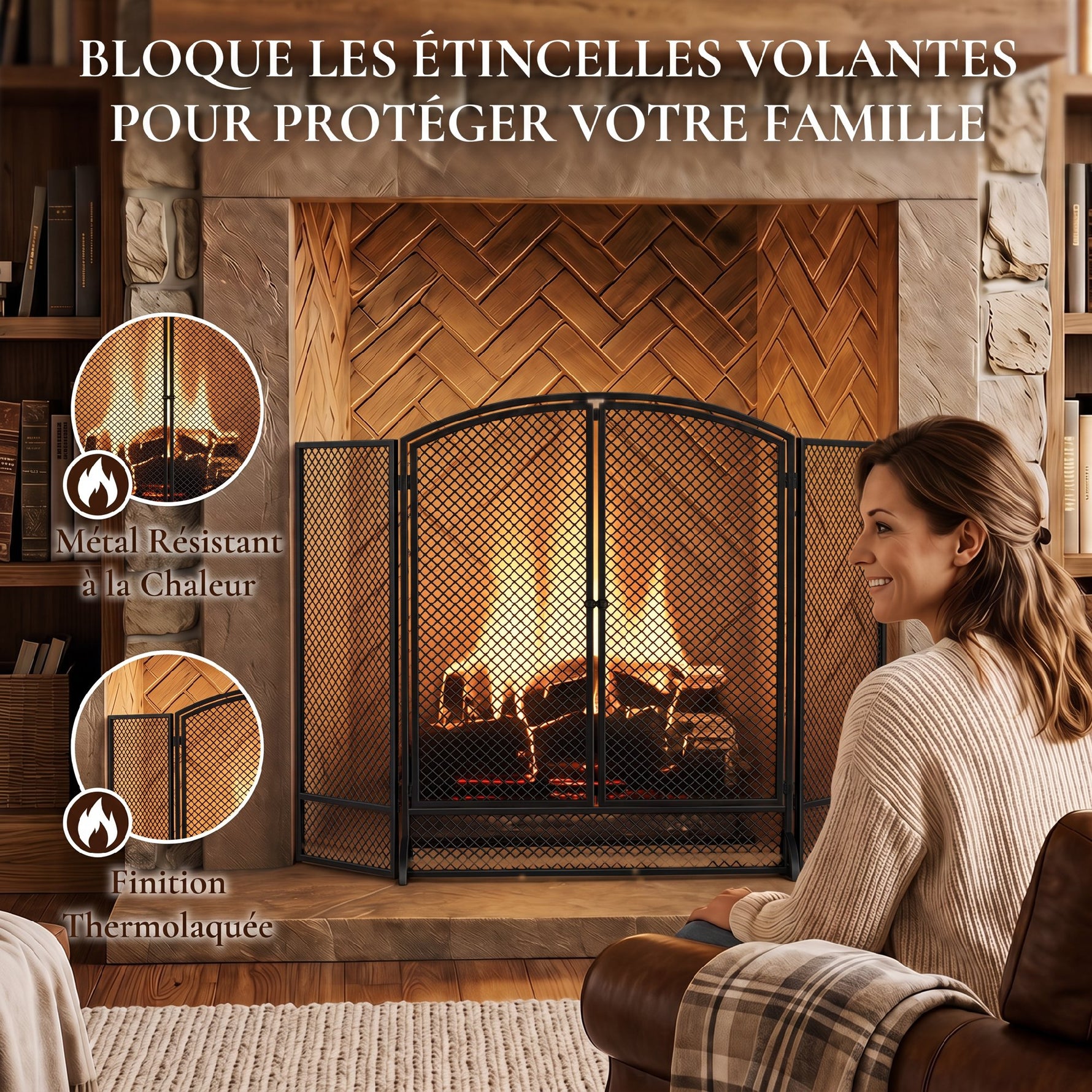 Pare-feu de Cheminée Pliable 3 Panneaux, 2 Portes, Style Moderne, Pare-Étincelles Cheminée en Métal, 122x10x75cm, Noir