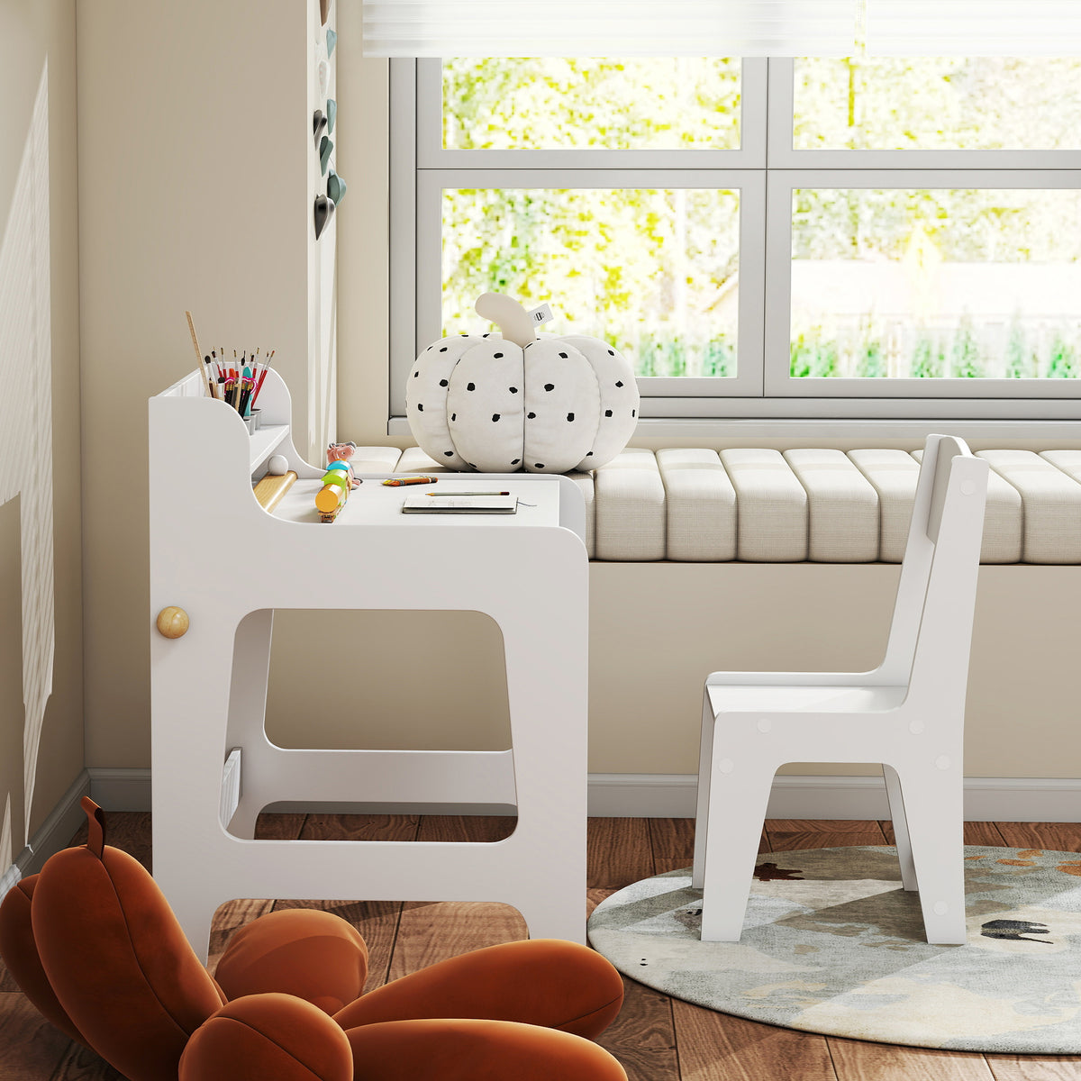 Kinderschreibtisch mit Stuhl, Kindertisch und Stuhl mit 2 Stoffschubladen und Getränkehalter, 62,8x55,6x73,8cm, weiß