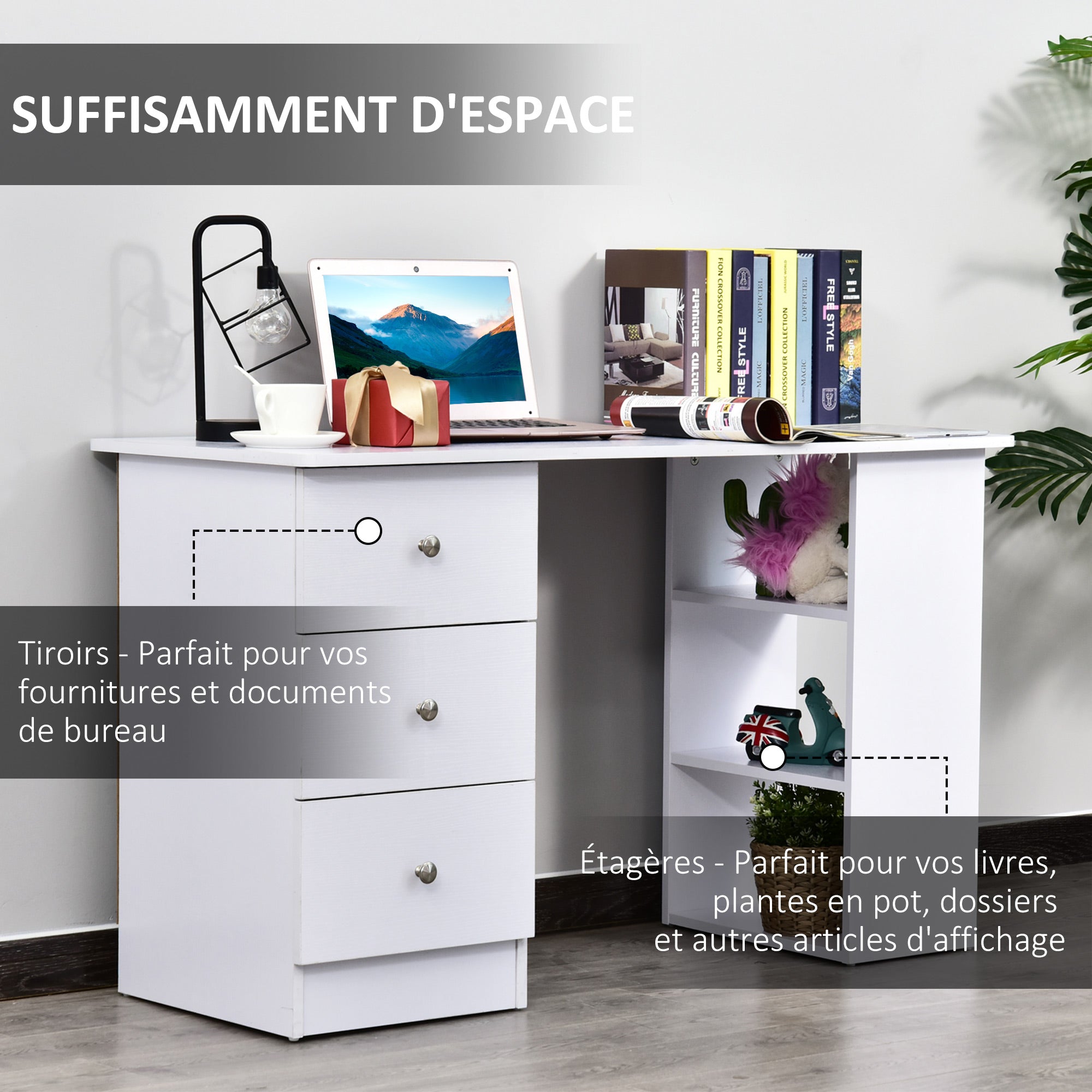 Bureau informatique multimédia multi-rangements 3 tiroirs 2 étagères 120L x 49l x 72H cm blanc