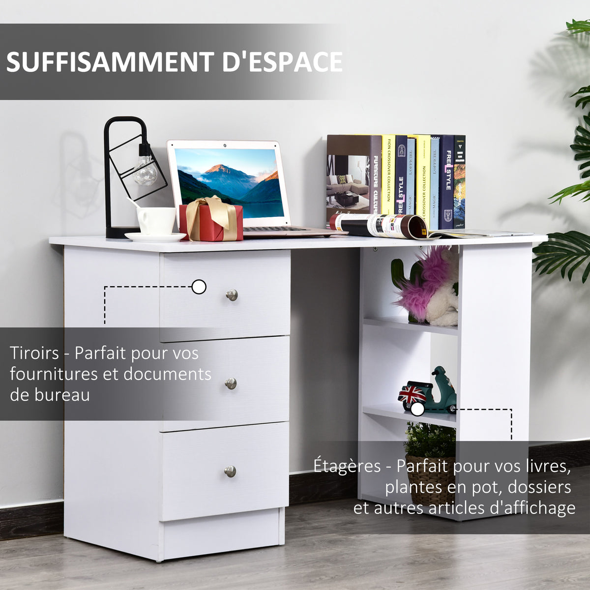 Bureau informatique multimédia multi-rangements 3 tiroirs 2 étagères 120L x 49l x 72H cm blanc