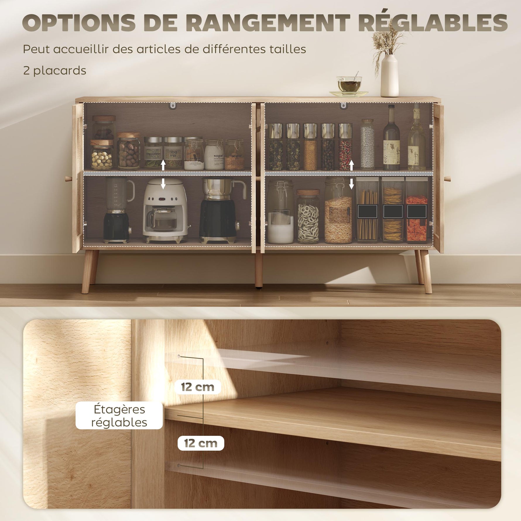 Buffet salon meuble de rangement placards à portes en cannage et étagère réglable 140 x 40 x 75 cm effet bois naturel