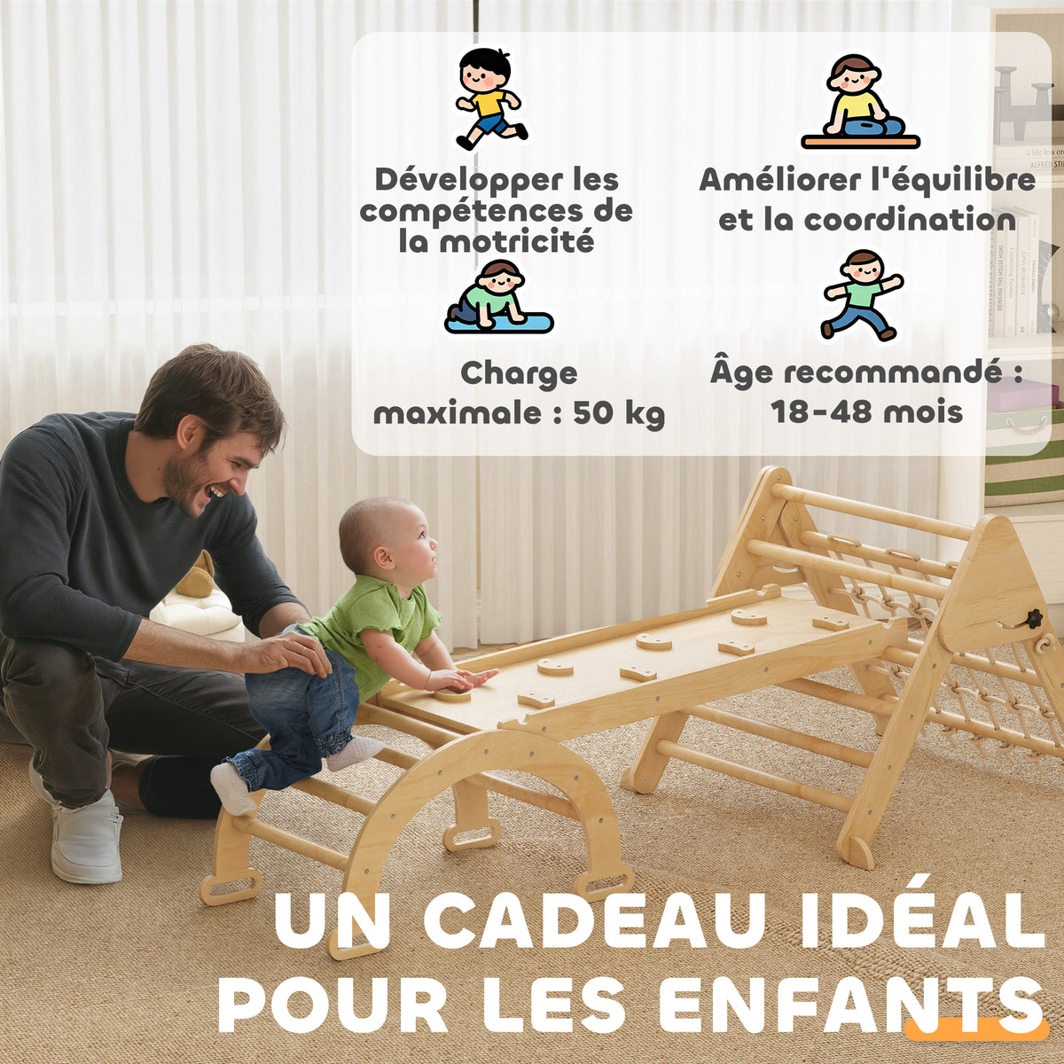 Triangle d'escalade enfants 8 en 1 avec rampe double face, arc d'escalade en bois avec toboggan & échelle, naturel