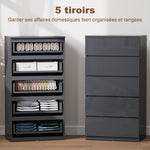 Commode 5 tiroirs, meuble de rangement à haute brillance, fermeture douce et silencieuse, 53 x 34 x 100 cm, gris