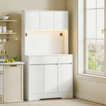Buffet cuisine meuble cuisine rangement haut avec lumière LED RGB, plan de travail, 6 portes, 2 tiroirs, blanc