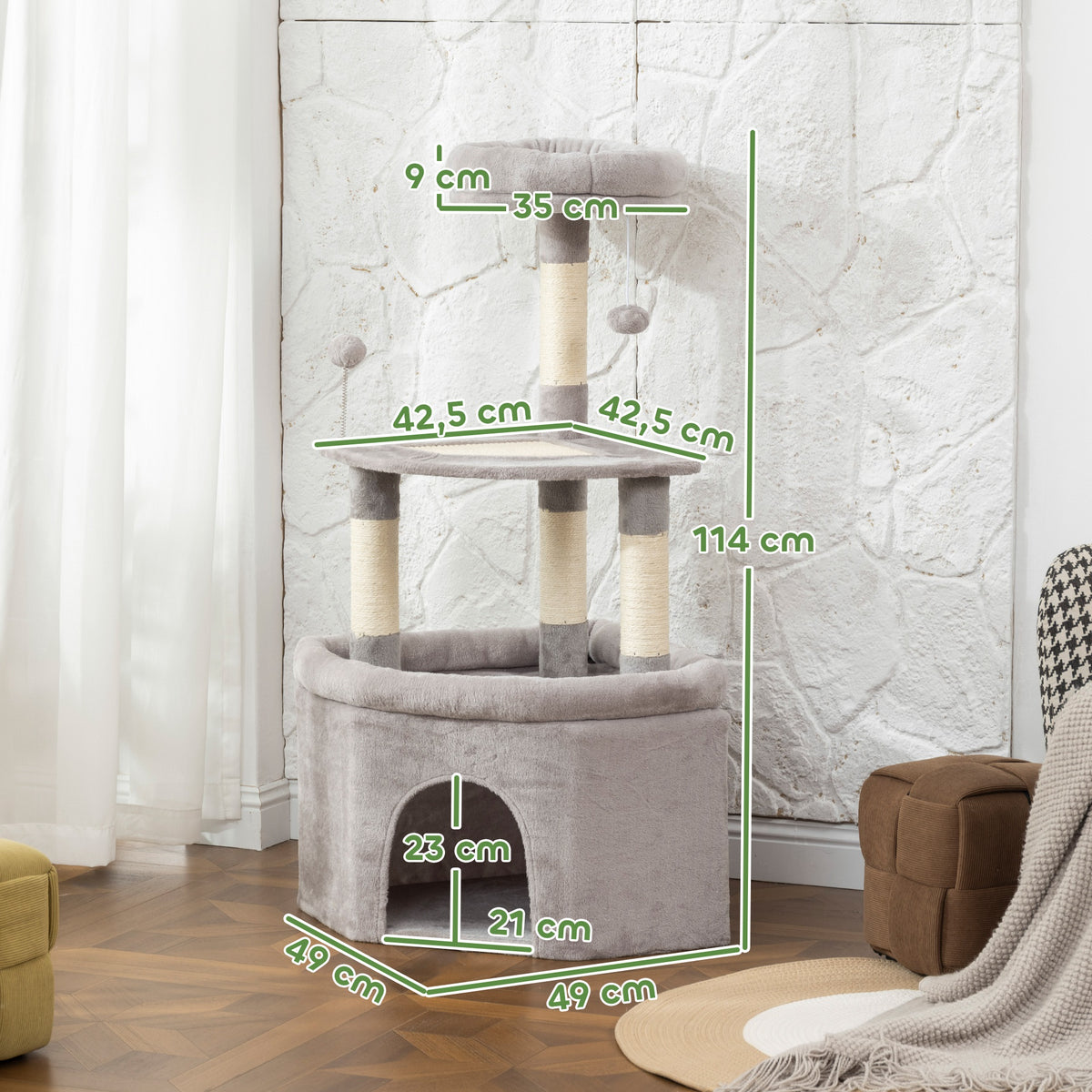 Arbre à chat tour de jeux pour chats griffoirs sisal, plate-forme, niche, tissu peluche, balles, 49x49x114cm gris clair