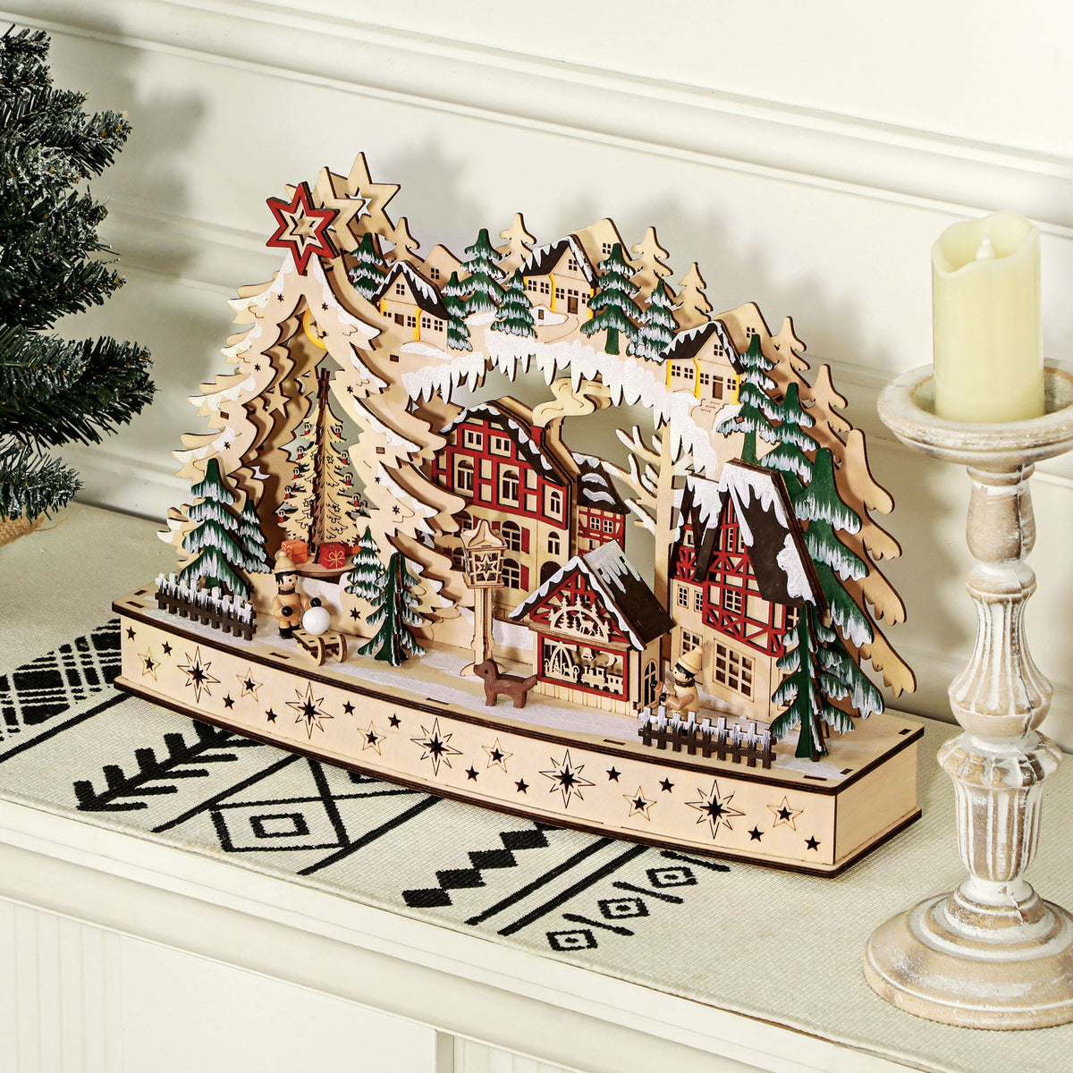 Verlicht kerstdorp, geanimeerd houten kerstdorp, met 20 LED's, besneeuwd landschap, 45L x 12B x 30H cm, naturel hout