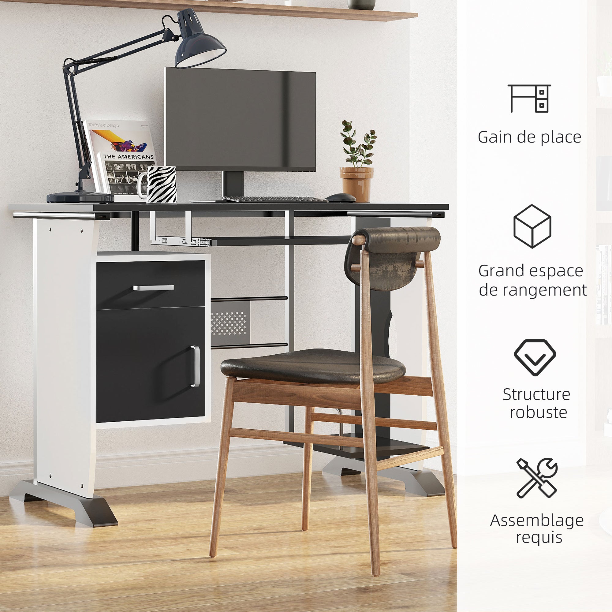 Bureau informatique design en mdf 100 L x 52 I x 75H cm noir et blanc