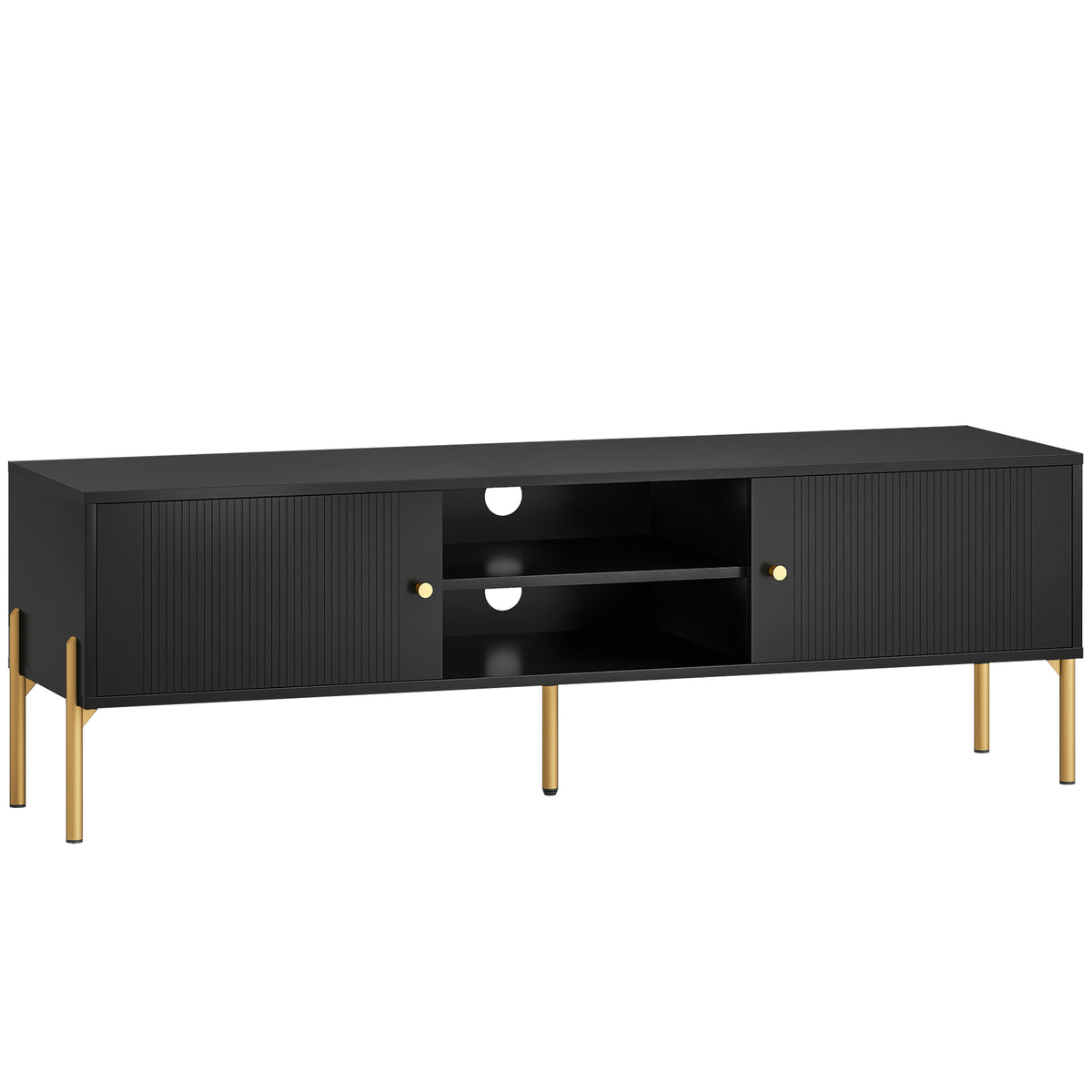 TV-meubel voor tv's tot 65", geribbelde deuren, open vakken, stalen poten, 140 x 38 x 45,9 cm, zwart
