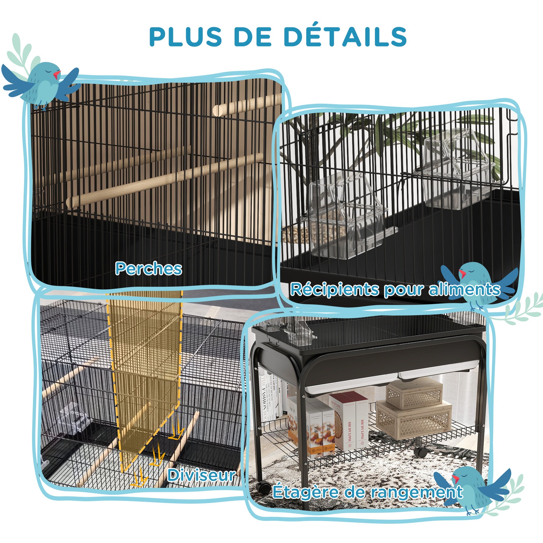 Grand cage oiseaux cage perroquet avec support roulettes pour cacatoès perruche canaris perroquet 85 x 49 x 119 cm noir