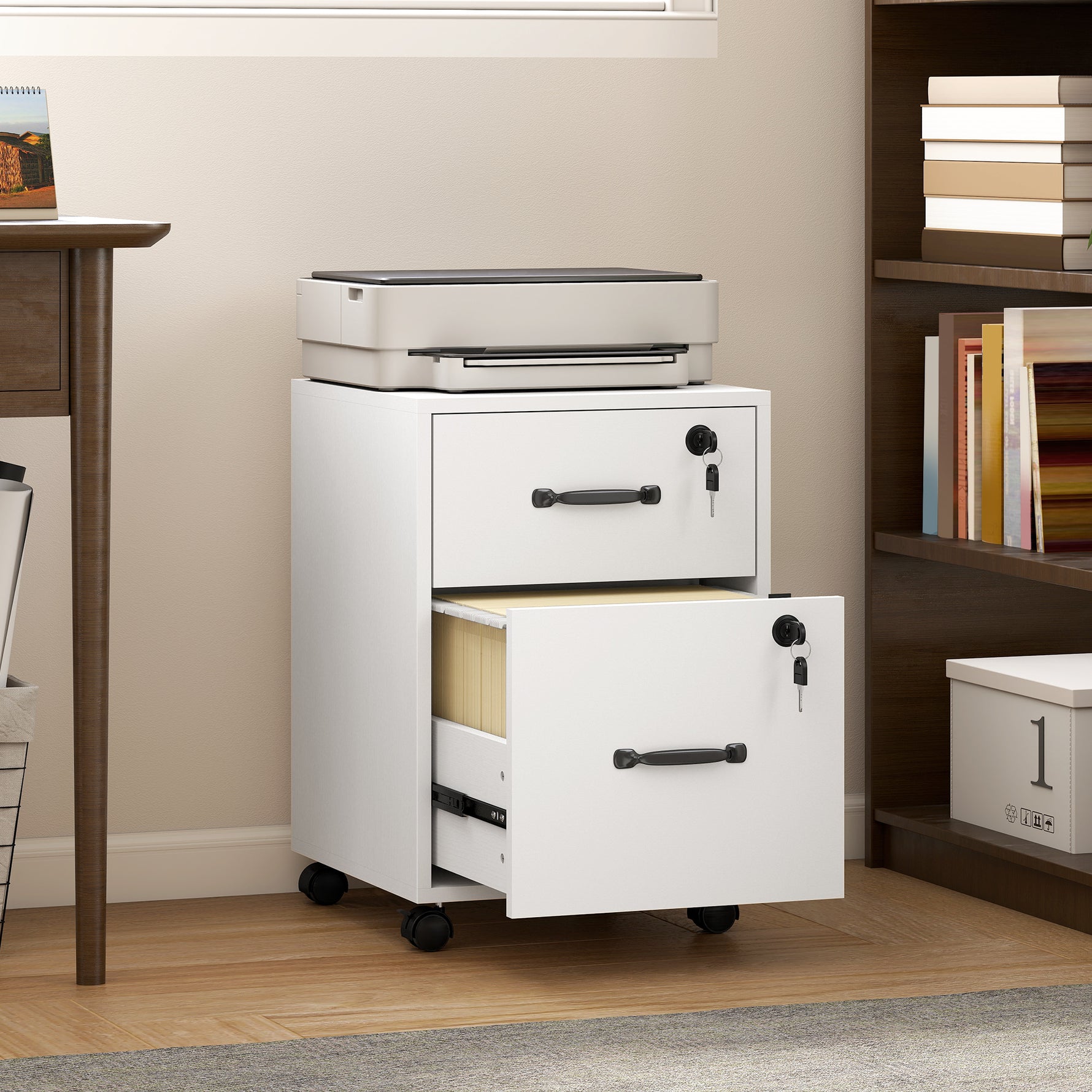Caisson bureau mobile à 2 tiroirs, meuble rangement bureau sur roulettes pour documents suspendus format lettre, blanc
