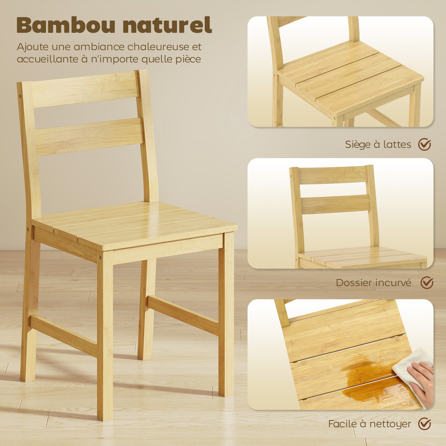 Lot de 2 chaises de salle à manger en bambou, chaises de cuisine sans accoudoirs avec assise à lattes, bois naturel