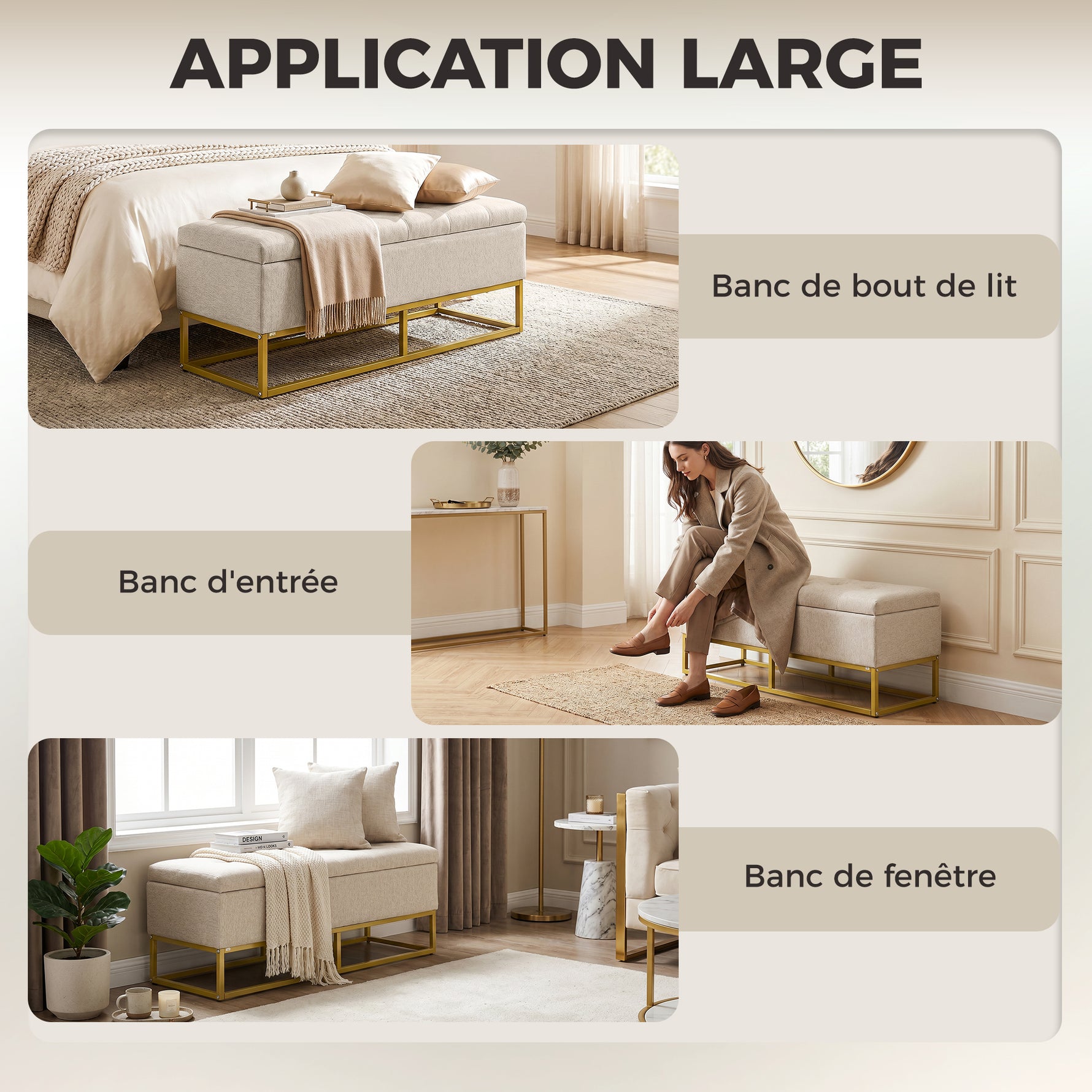 Banc banquette coffre de rangement 2 en 1 assise capitonnée et pieds acier 110 x 44 x 48 cm beige et doré