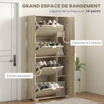 Meuble à chaussures avec 4 abattants, 2 placards et façades miroir pour 16 paires de chaussures, meuble d'entrée