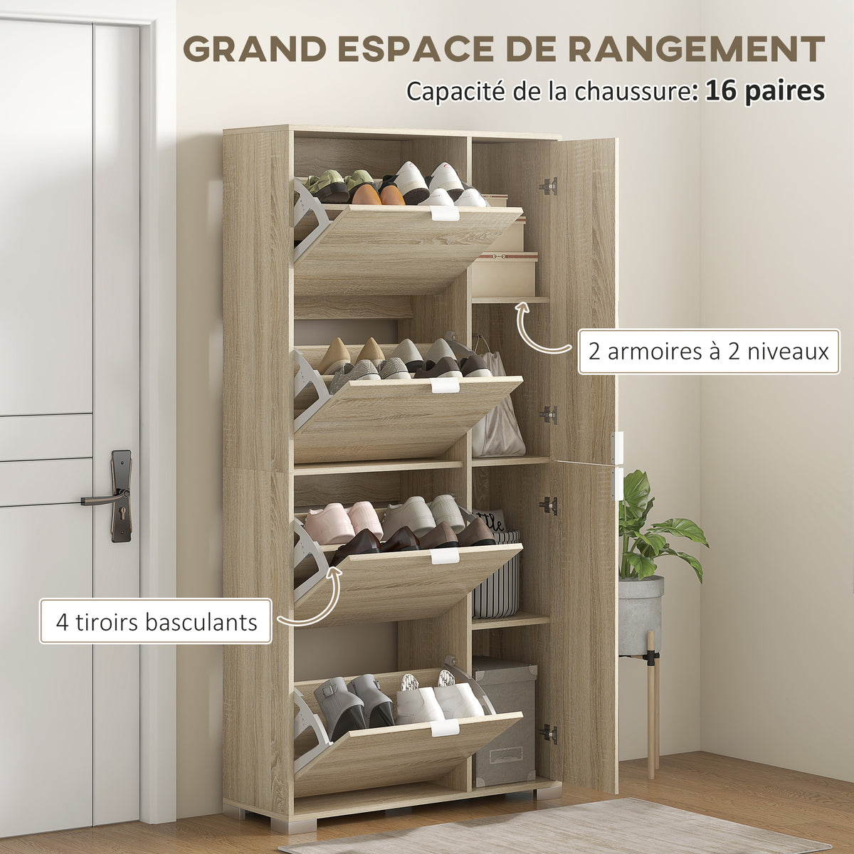 Meuble à chaussures avec 4 abattants, 2 placards et façades miroir pour 16 paires de chaussures, meuble d'entrée