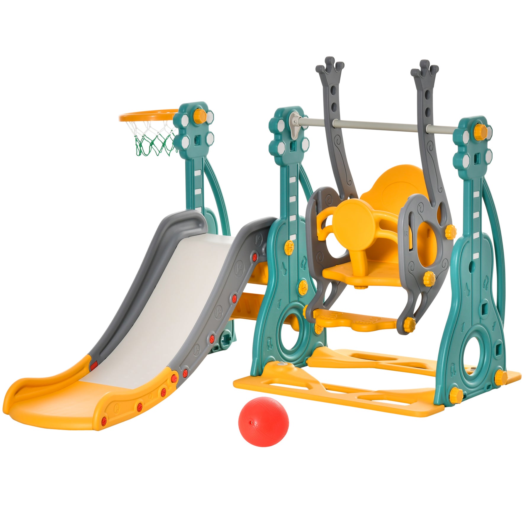 Toboggan et balançoire pour enfants 4 en 1 avec panier de basket, siège réglable, 152x149x107cm, bleu et jaune