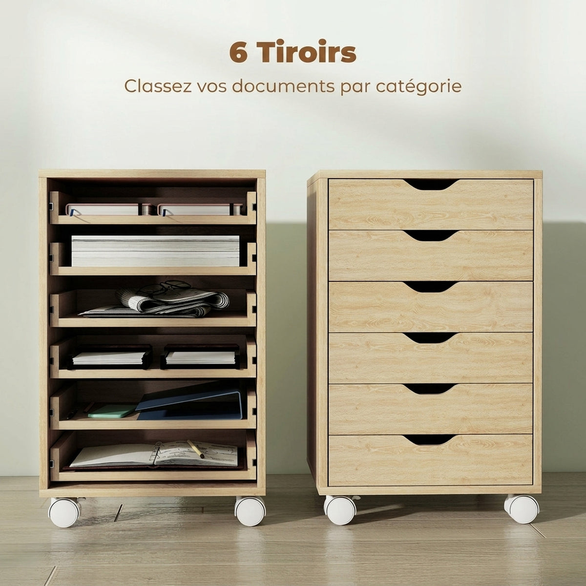 Mobiler Büro-Rollcontainer mit 6 geräuscharmen Schubladen, Druckerständer, eingelassene Griffe, 40 x 35 x 63 cm, Eiche