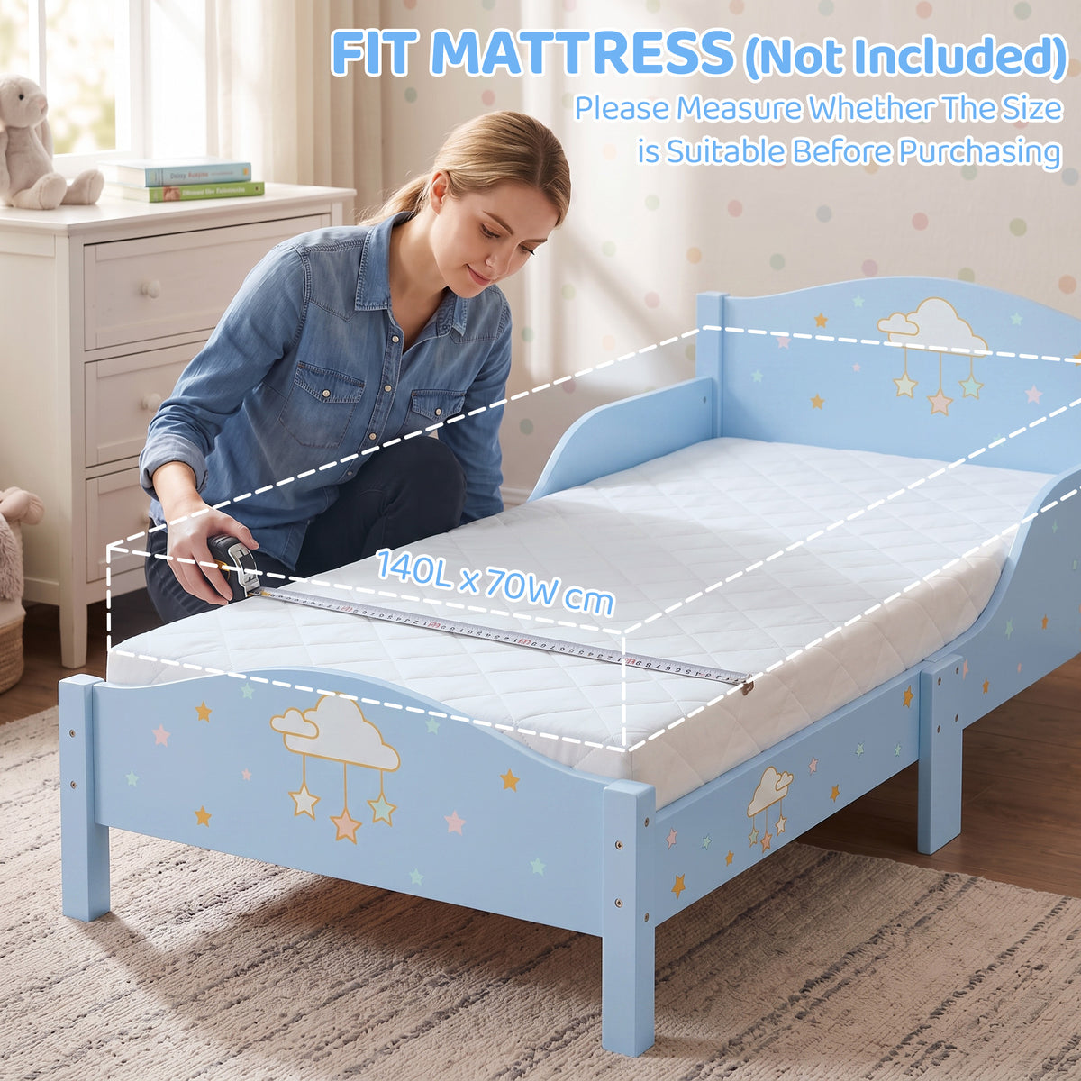 Lit Enfant 70 x 140 cm, Lit pour Enfant avec Barrière de Sécurité et Sommier à Lattes en Bois, Motif Nuage, Bleu