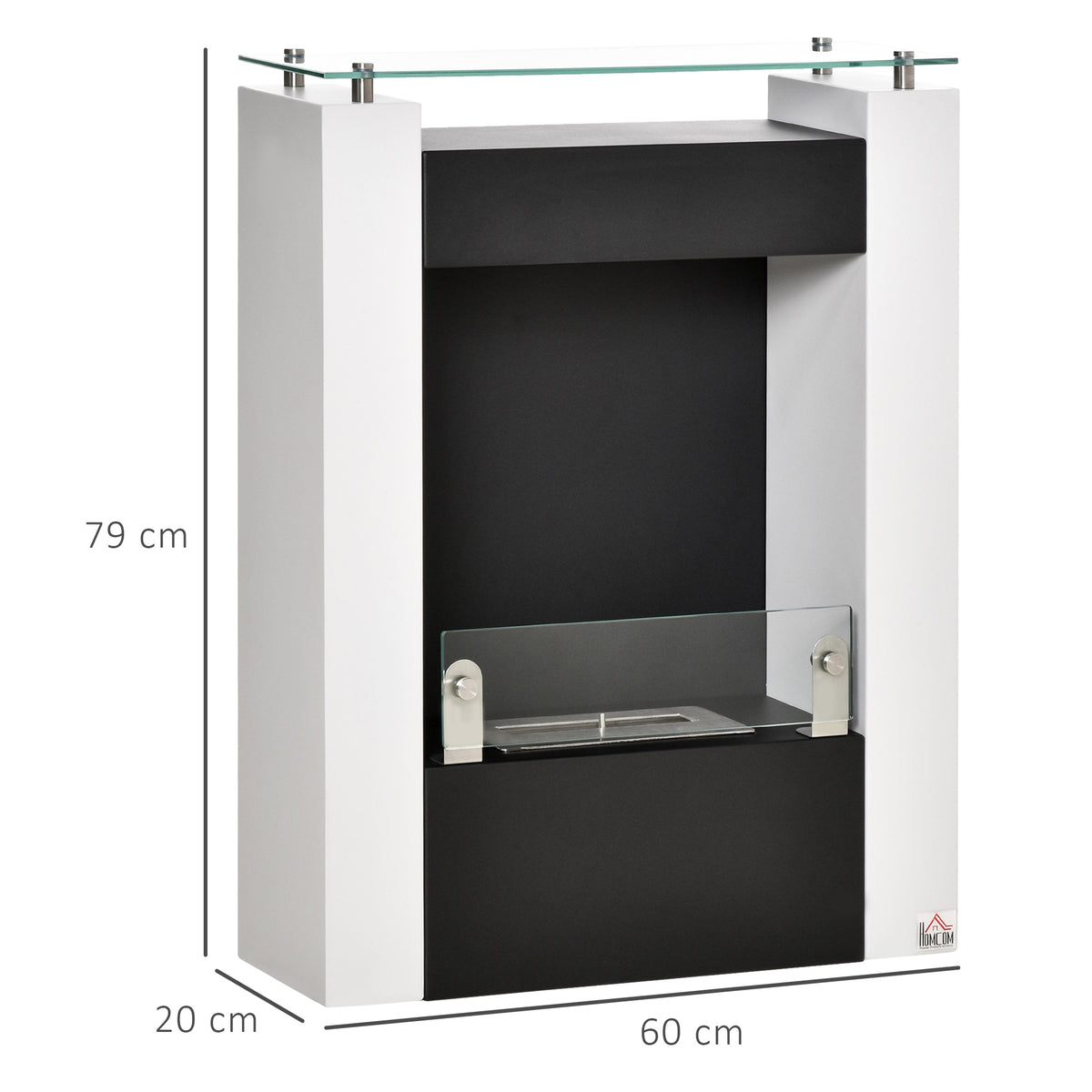 Cheminée bioéthanol brûleur 0,9 L avec plateau de rangement en verre trempé 60 x 20 x 79 cm Acier Noir et Blanc