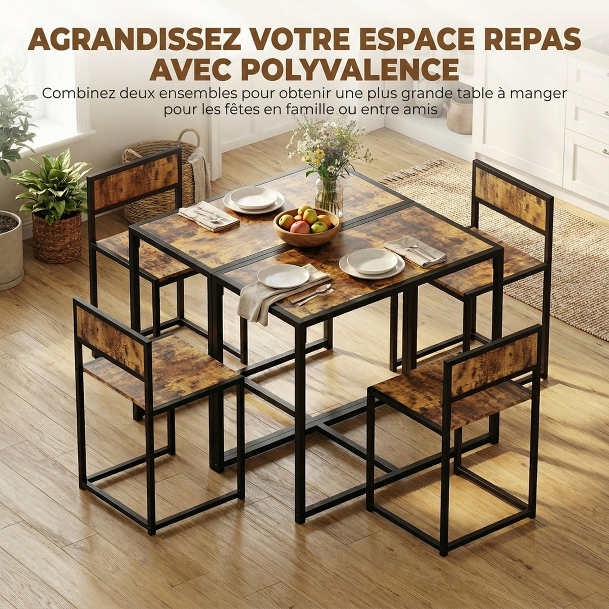 Table and chairs set, 3-piece dining table with 2 nestable chairs, for kitchen living room home, brown