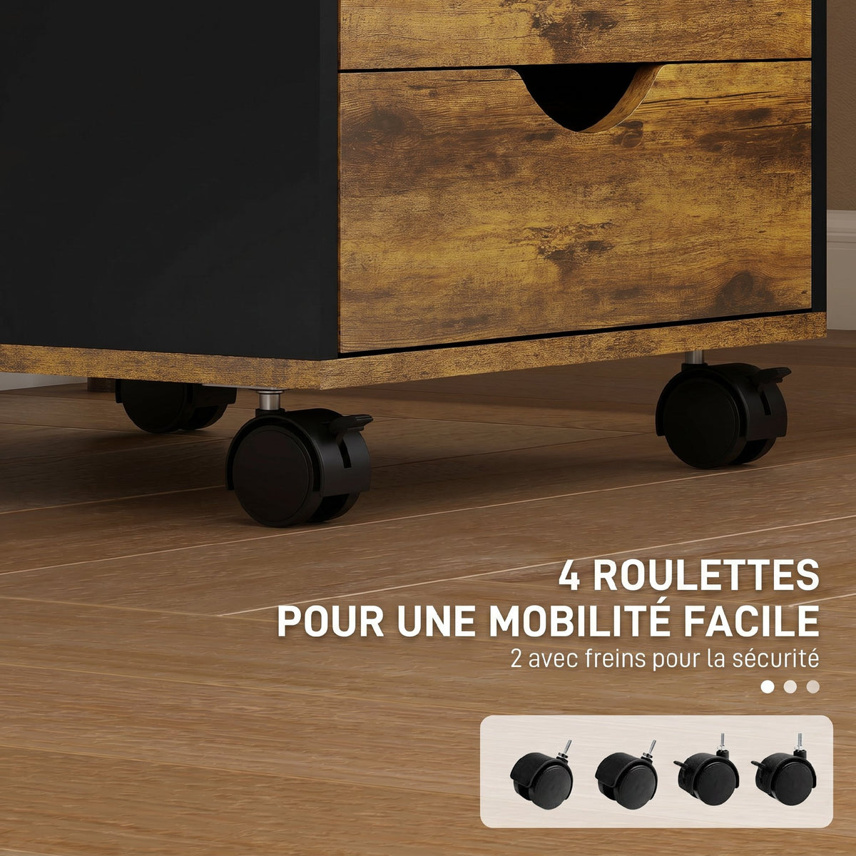 Caisson bureau mobile, meuble rangement sur roulettes avec 5 tiroirs, bois, 40 x 40 x 67 cm, marron