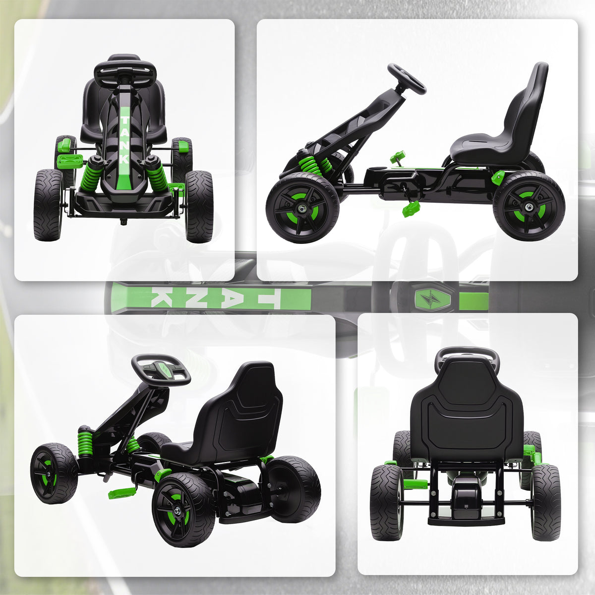 Kart à pédales pour enfants, karting enfant 3 à 6 ans avec roue libre, frein, roues EVA antidérapantes, vert