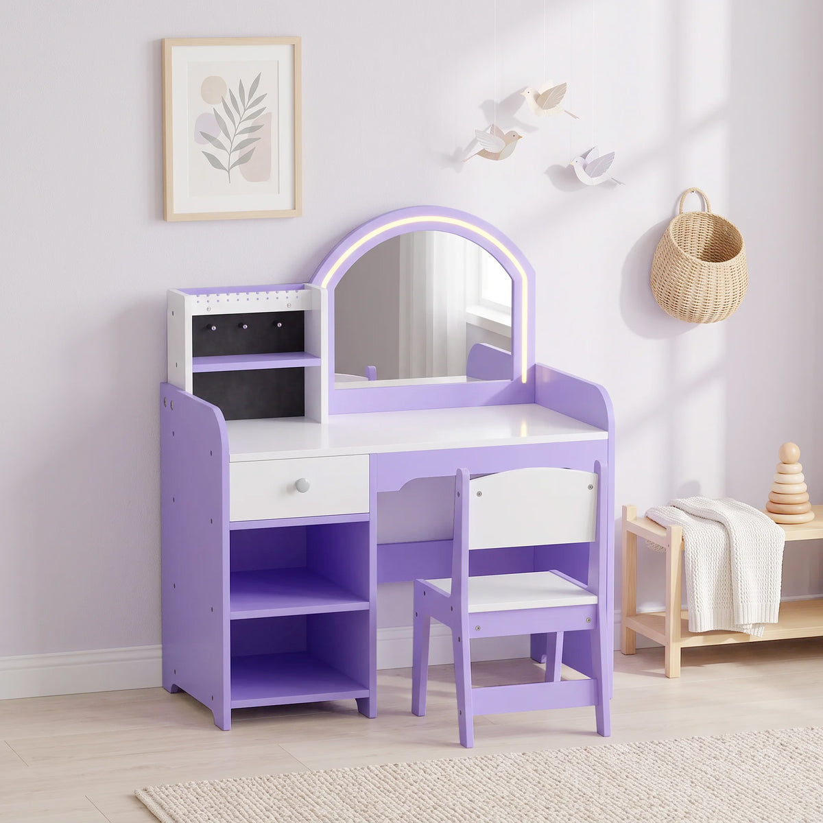 Coiffeuse pour Enfants avec Tabouret et Miroir en Acrylique à Éclairage Bicolore Coiffeuse Bureau Fille 3-8 Ans Violet