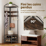 Meuble d'entrée d'angle, vestiaire à 4 niveaux, rangement pour chaussures, 8 patères mobiles, 2 étagères, brun rustique