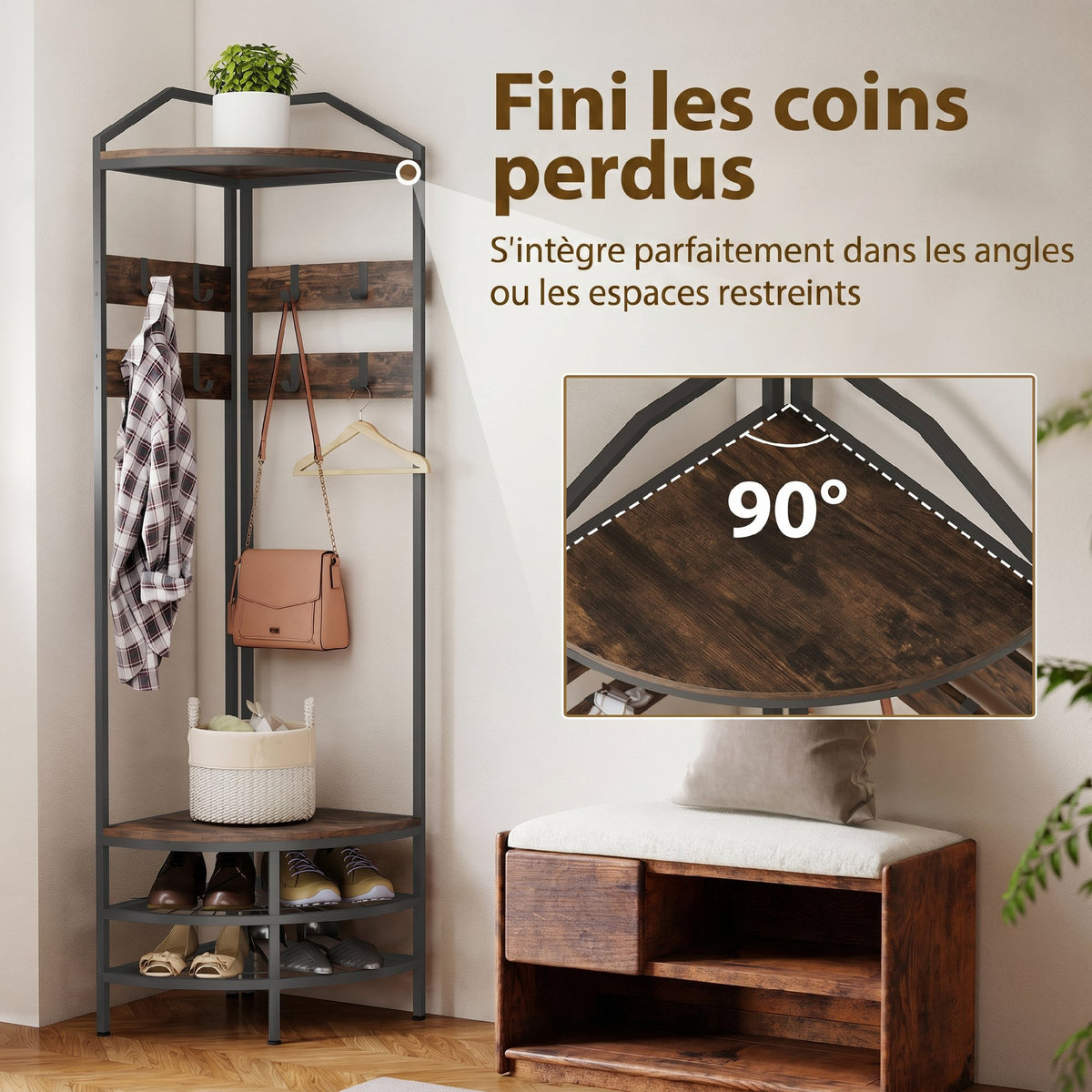 Meuble d'entrée d'angle, vestiaire à 4 niveaux, rangement pour chaussures, 8 patères mobiles, 2 étagères, brun rustique