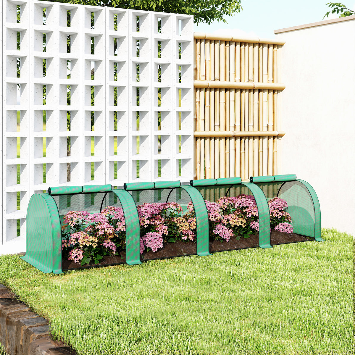 Mini serre de jardin serre à tomates 4 x 1 x 0,80 m acier PE anti-UV 4 portes avec zip enroulables vert