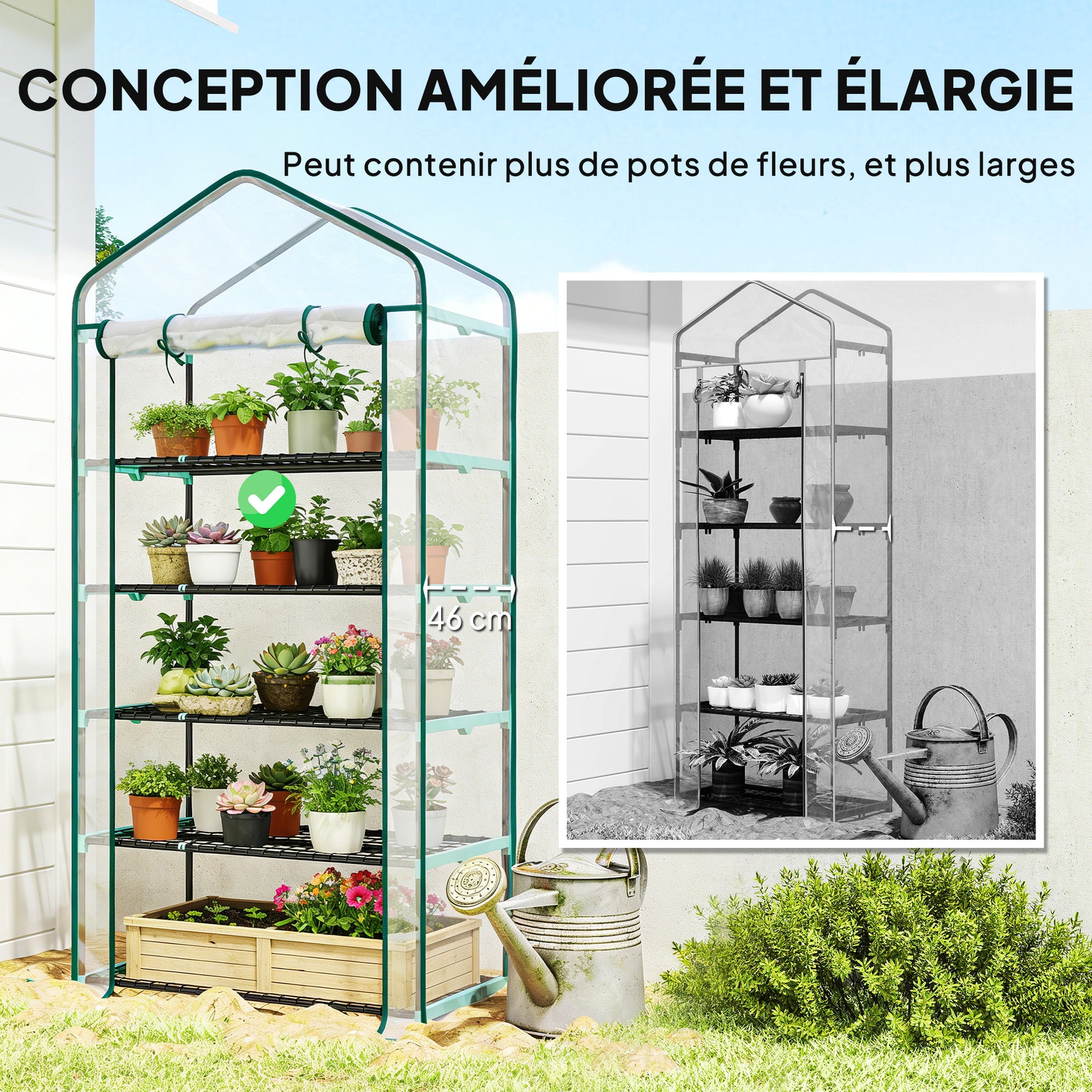 Serre de jardin PVC avec étagères 5 niveaux, serre de balcon, châssis en acier, porte zippée, 90x49x193cm, transparent