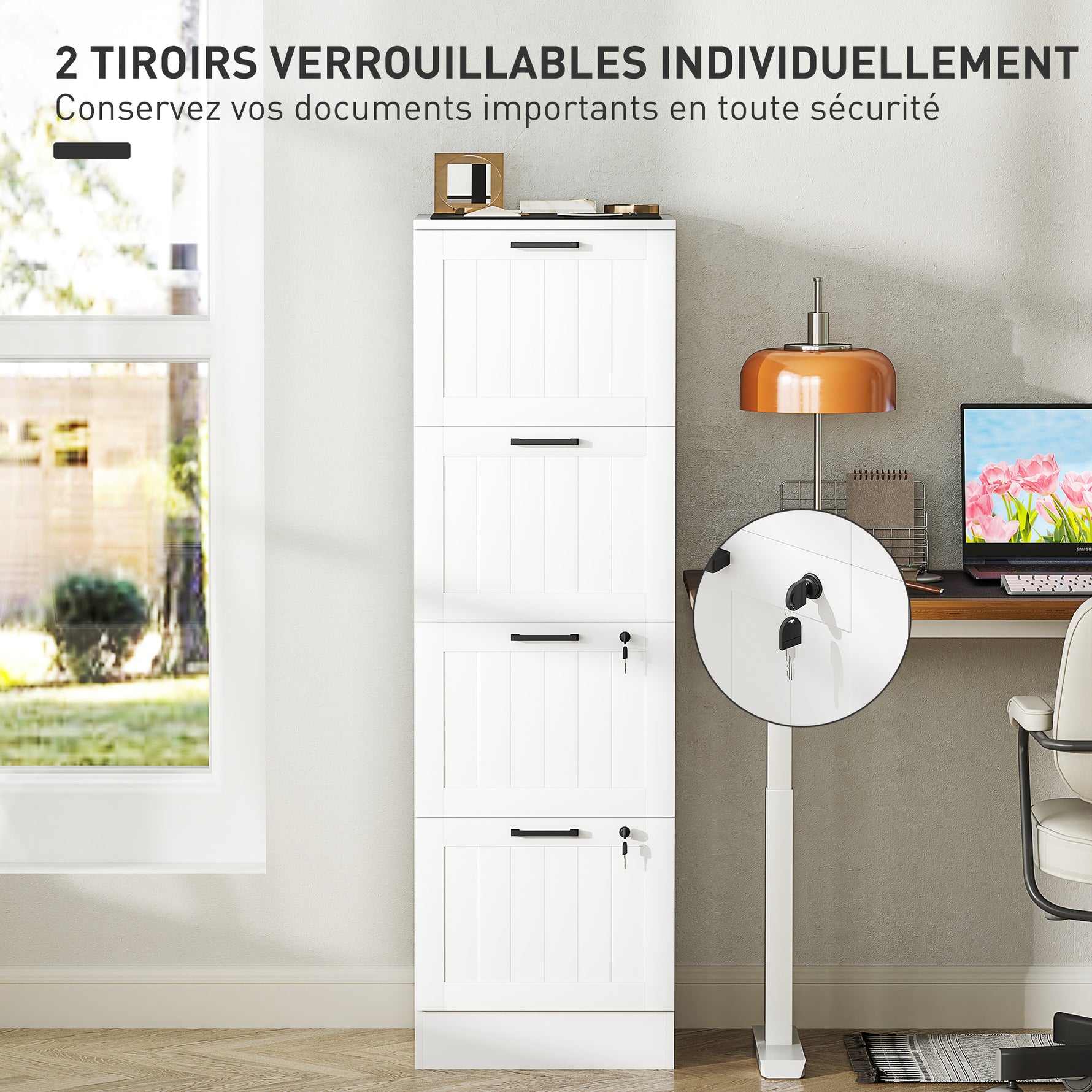 Caisson bureau, meuble rangement bois 4 tiroirs et serrure, barres de suspension réglables, 40 x 40 x 131 cm, blanc