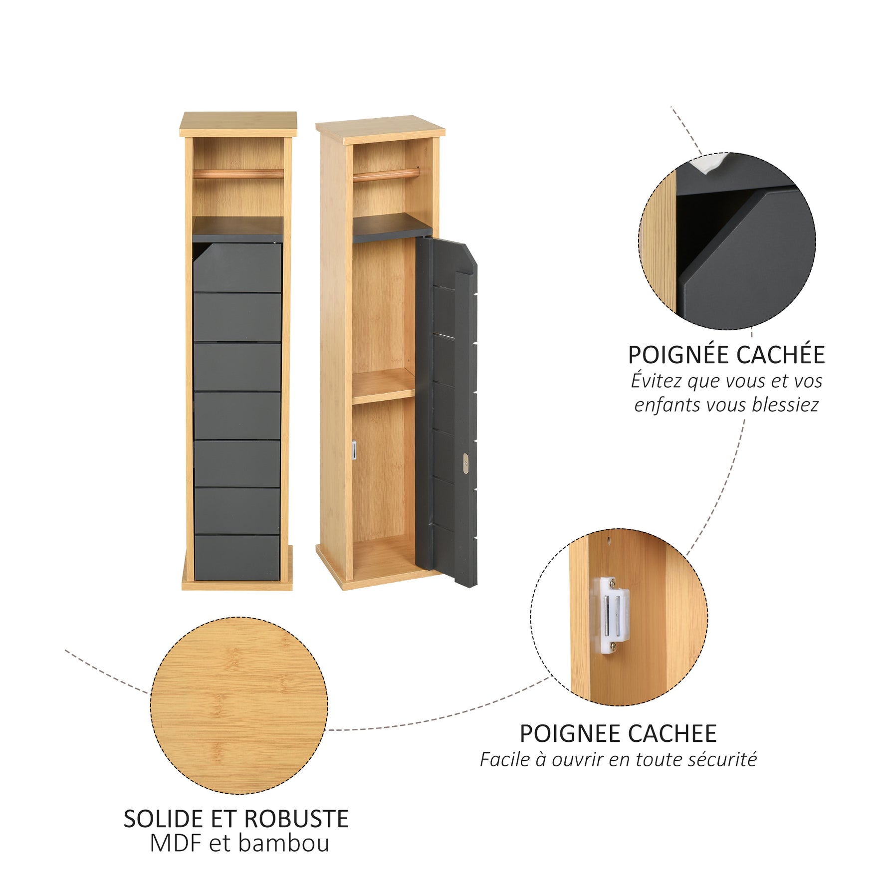 Support Papier Toilette - Porte-Papier Toilette - 2 Niveaux MDF Gris Bambou