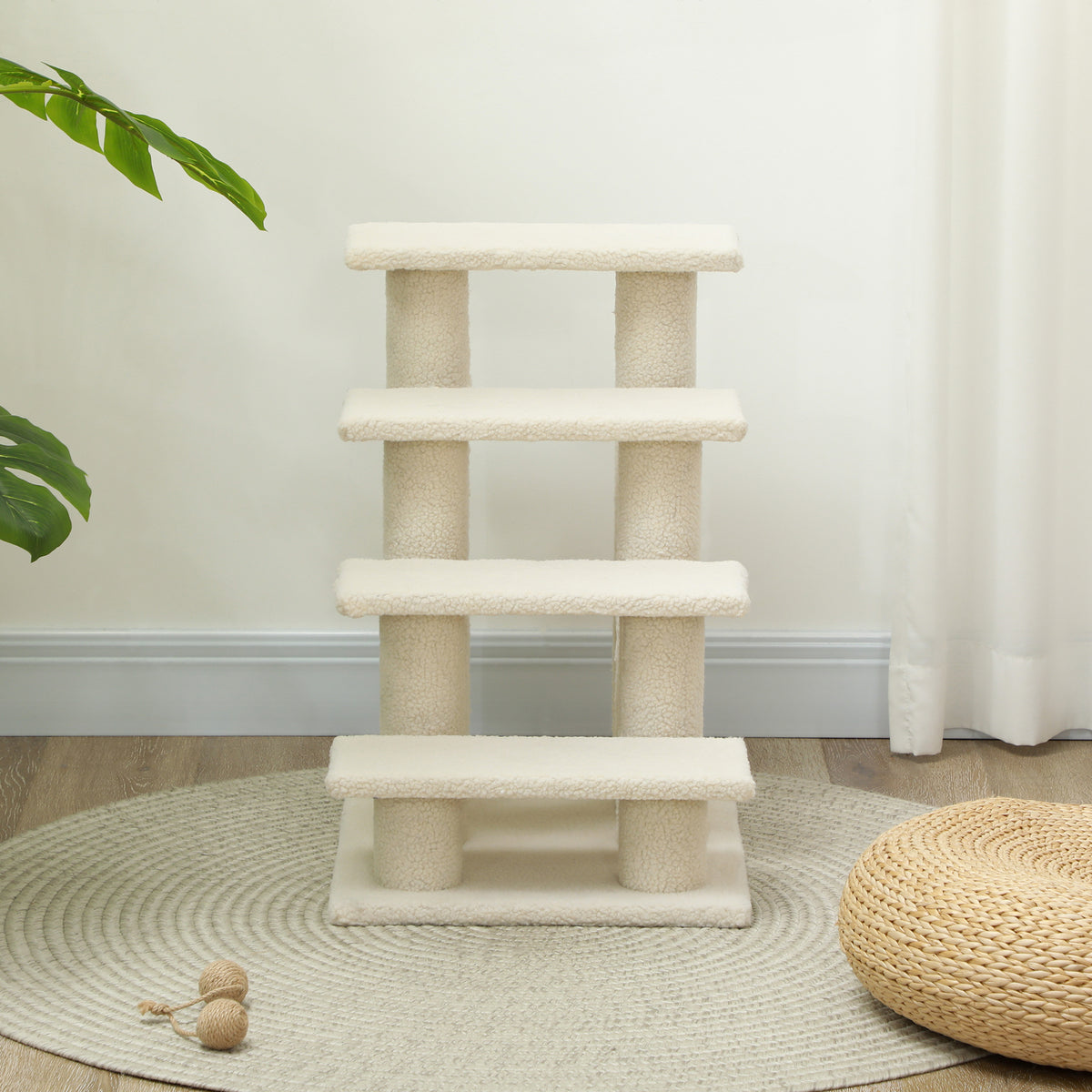 Huisdierentrap met 4 treden, bekleding met bouclé-effect, 61 x 41 x 60 cm, crème