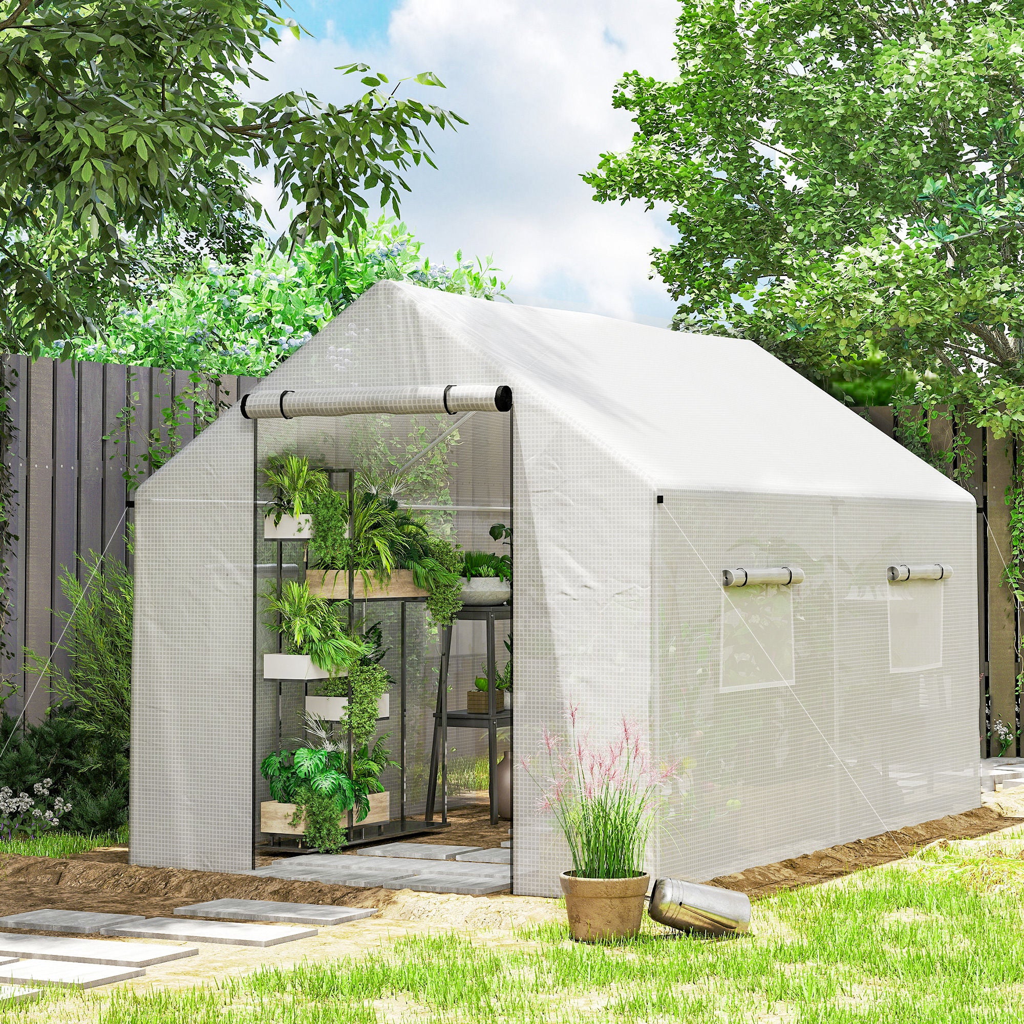 Serre de jardin tunnel 2 x 3m, 6m² avec porte enroulable, 4 fenêtres, - Acier galvanisé PE Haute densité Blanc
