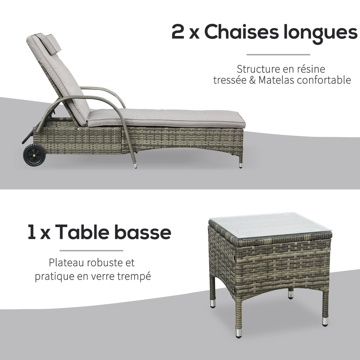 Lot de 2 transats bains de soleil : matelas, têtière, inclinaison réglable multipositions, accoudoirs