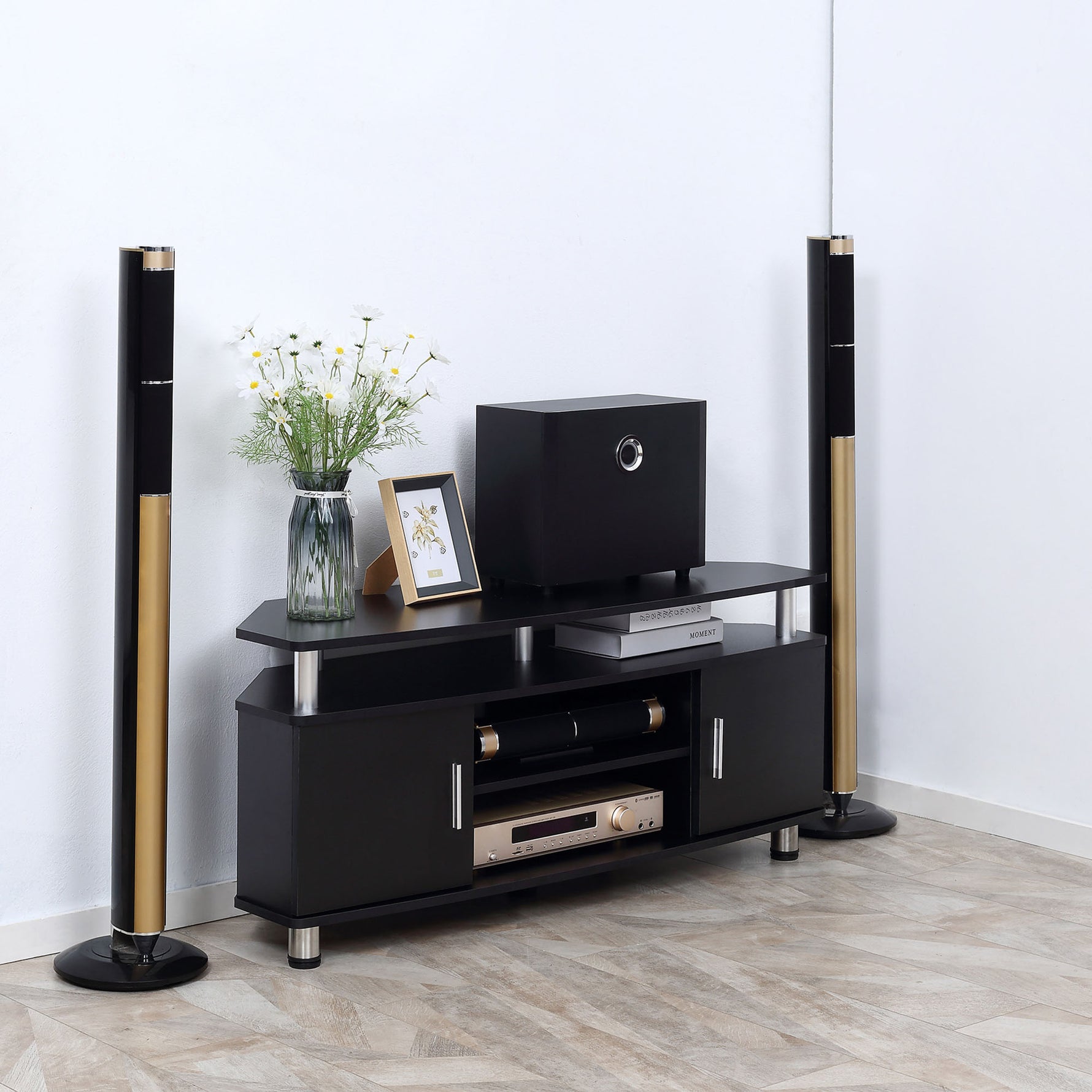 Meuble TV meuble télé bois banc TV pour téléviseur jusqu'à 55 pouces avec grand plateau, placards à portes et