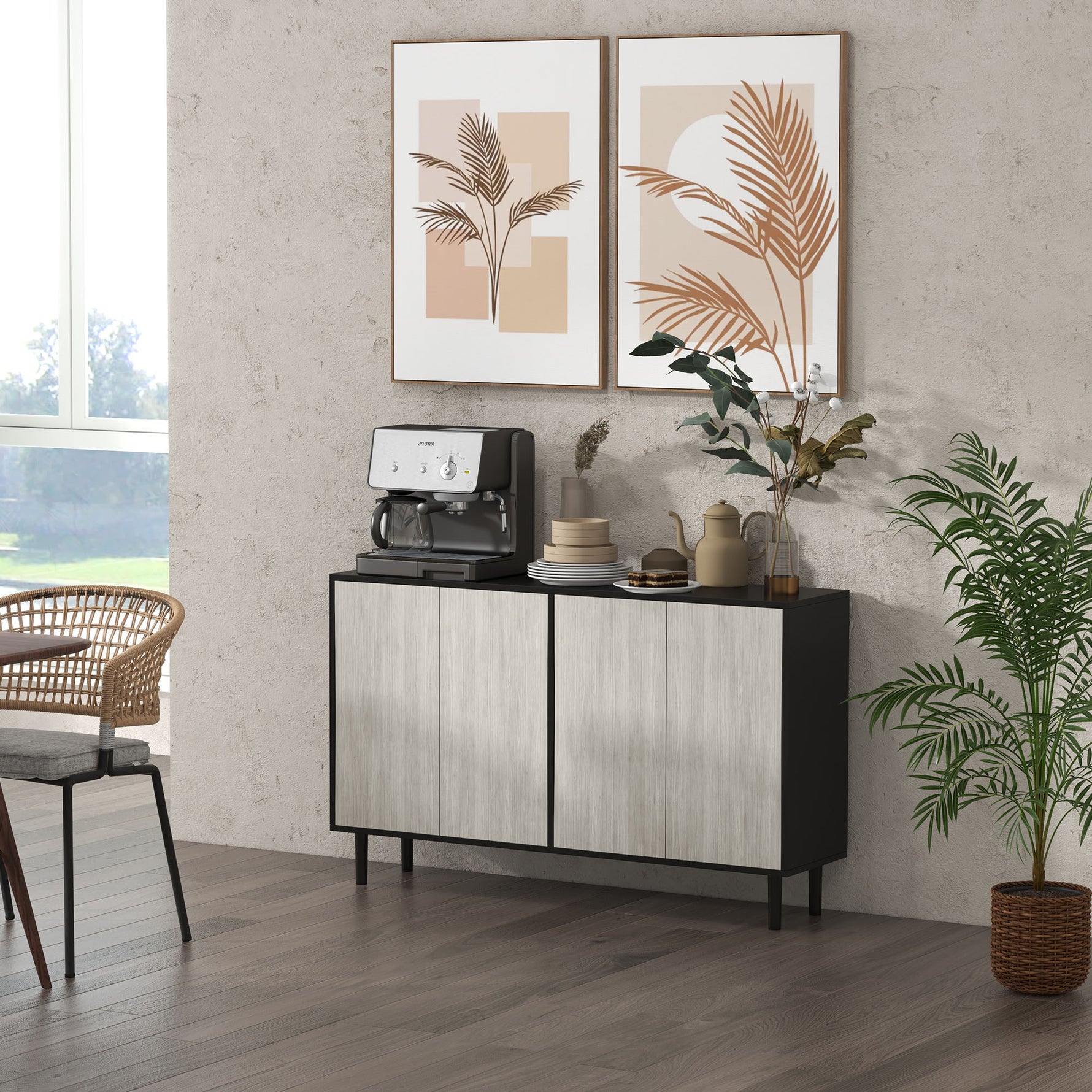 Buffet de cuisine meuble de rangement 2 placards avec étagères réglables, 121 x 37 x 75 cm, noir et aspect bois gris