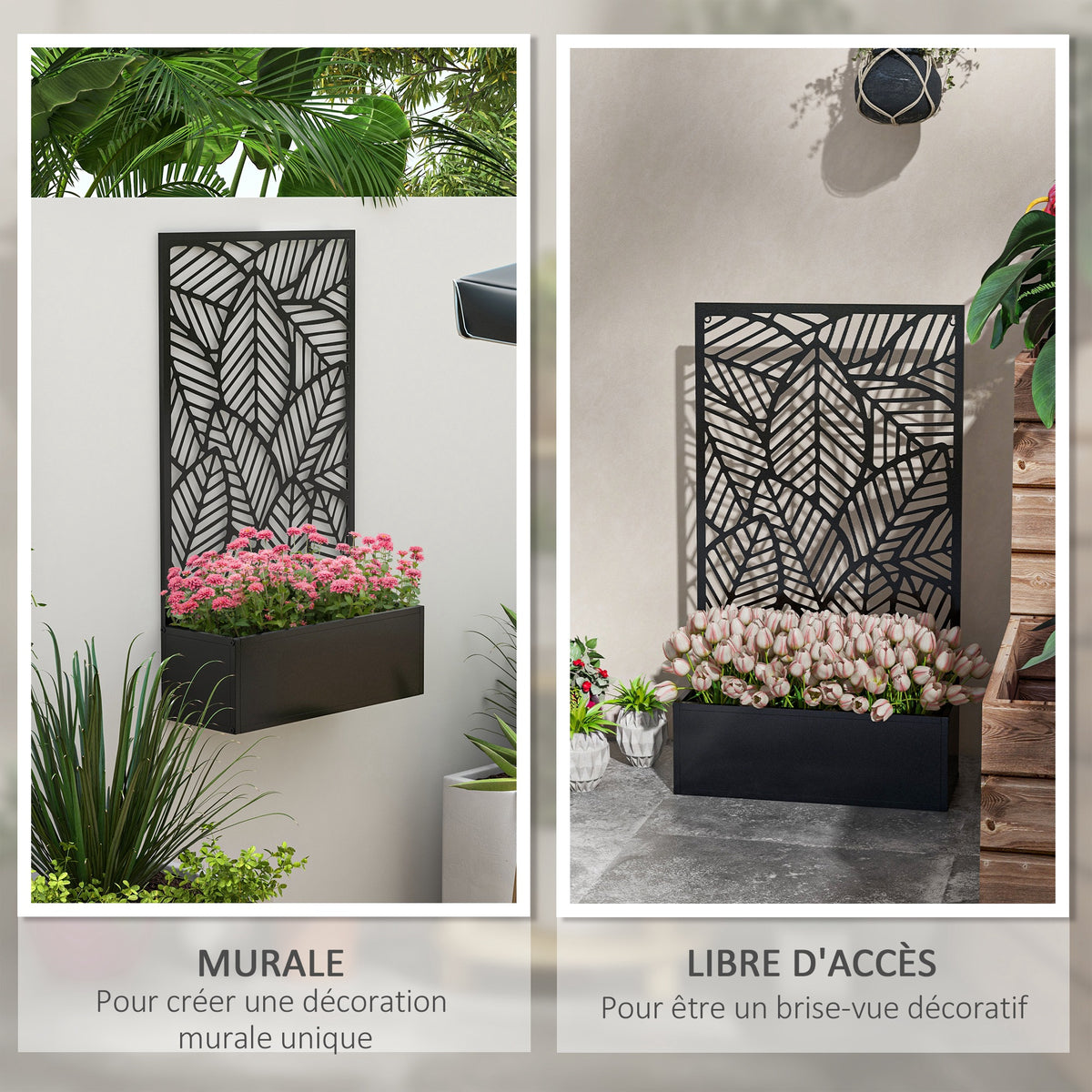 Jardinière avec brise-vue paravent treillis pour Plante Grimpante, bac à Fleurs - dim.  61L x 23l x 113H cm